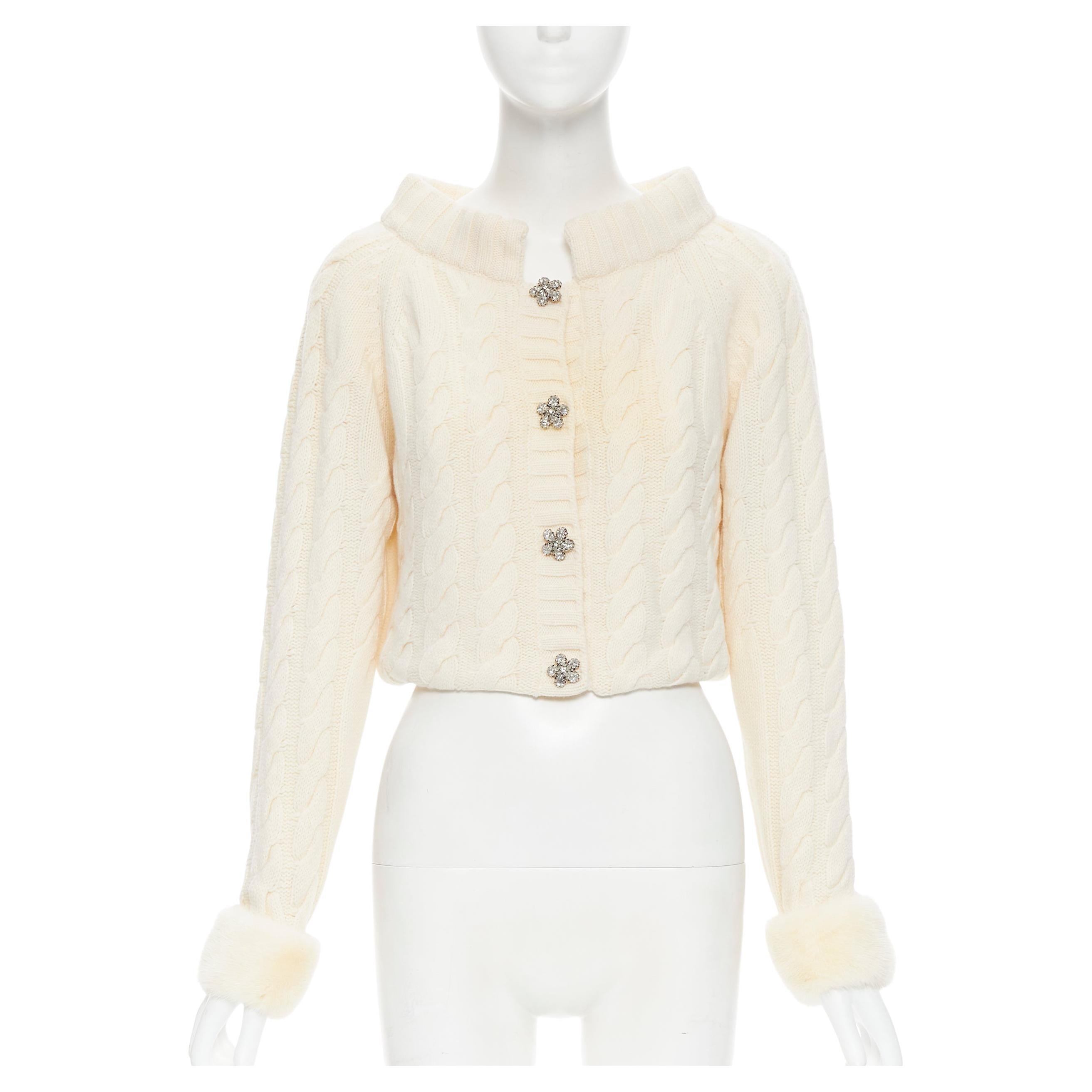 ANNA MOLINARI wool angora cream cable knit crystal fur cuff cardigan IT40 S For Sale