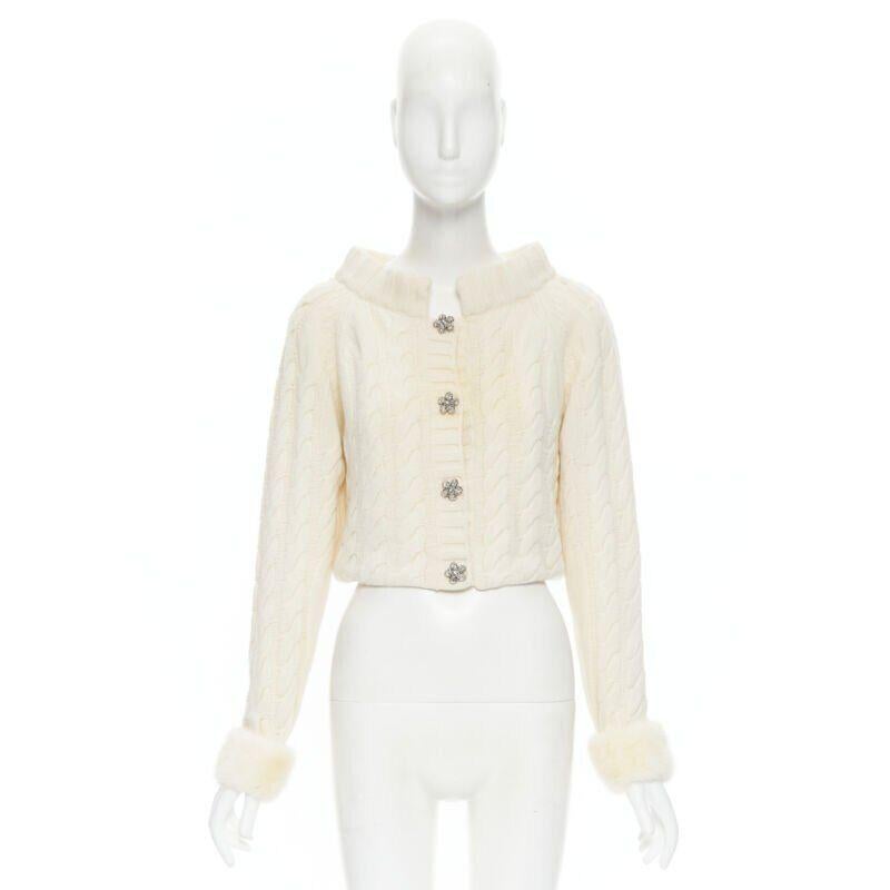 ANNA MOLINARI wool angora cream knit crystal button fur cuff cardigan IT40 S 7
