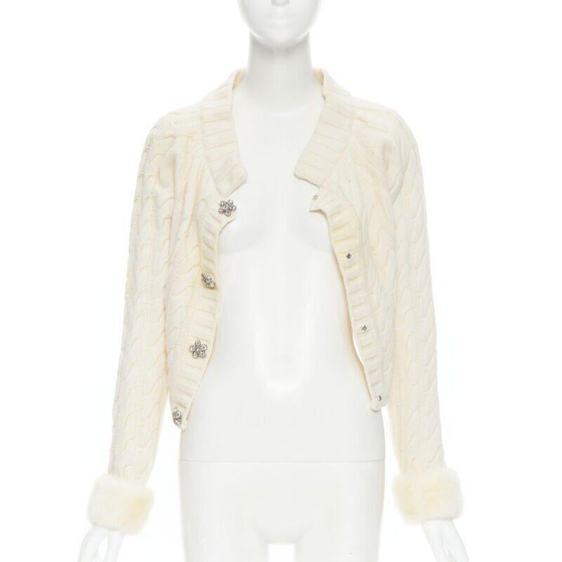 Beige ANNA MOLINARI wool angora cream knit crystal button fur cuff cardigan IT40 S
