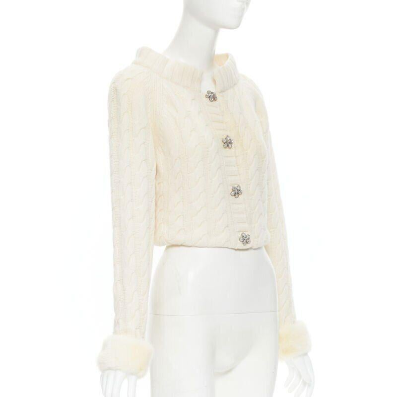ANNA MOLINARI wool angora cream knit crystal button fur cuff cardigan IT40 S In Good Condition In Hong Kong, NT