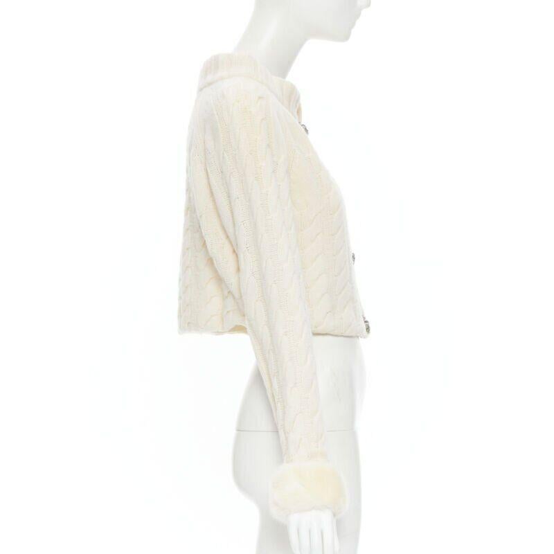 Women's ANNA MOLINARI wool angora cream knit crystal button fur cuff cardigan IT40 S