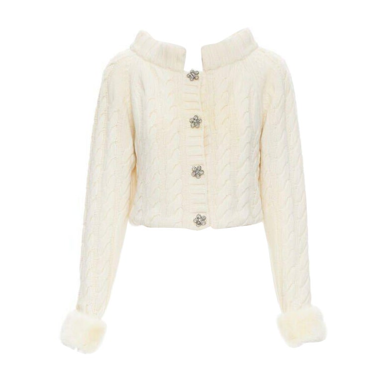ANNA MOLINARI wool angora cream knit crystal button fur cuff cardigan IT40 S