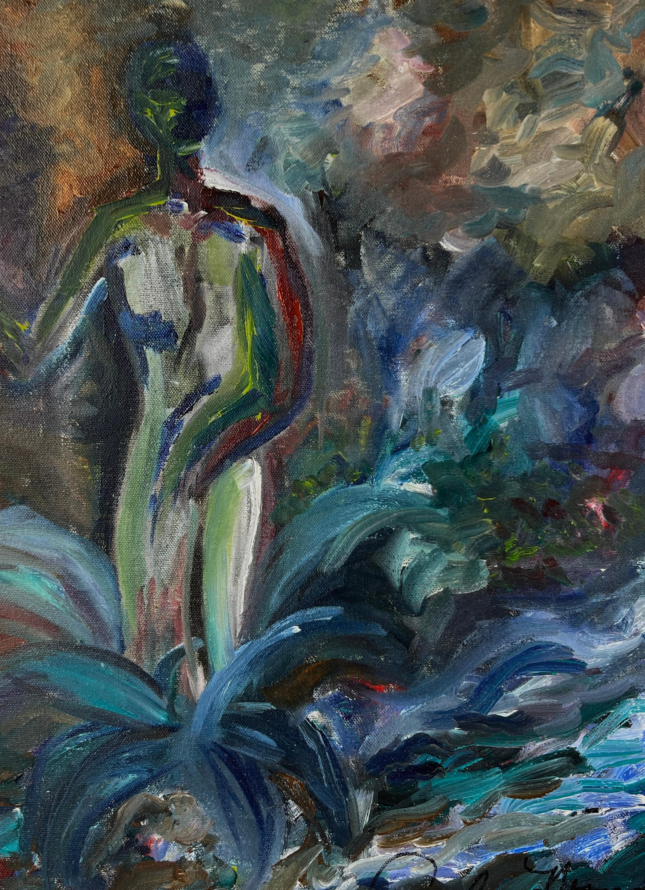 Desnudo en el jardín Desnudo fauvista Óleo original sobre lienzo - Painting de Anna Norman