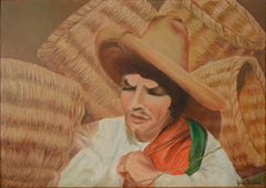 Tessitore di cesti con i suoi cesti per il mercato Olio figurativo del 1950