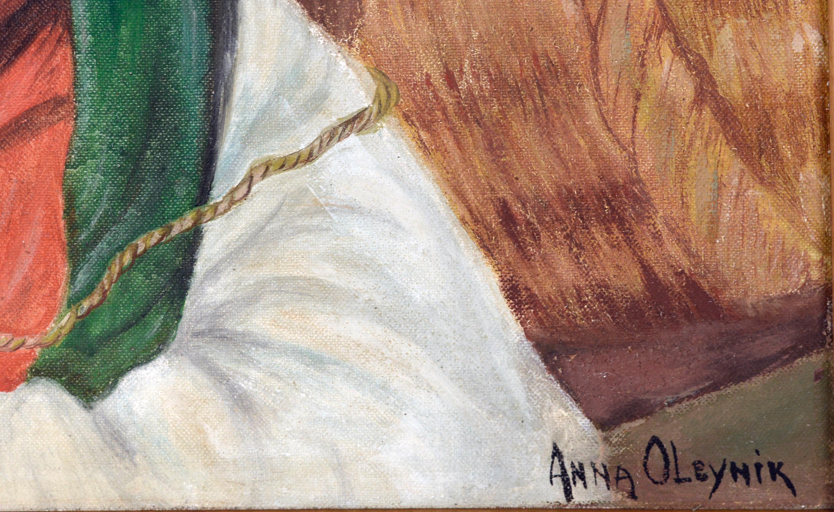 Korbweber mit seinen Körben für den Markt, figuratives Ölgemälde, 1950er Jahre  (Braun), Portrait Painting, von Anna Oleynik 