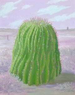 "Biznaga Chaparra" oil on panel, contemporary landscape with cactus painting
