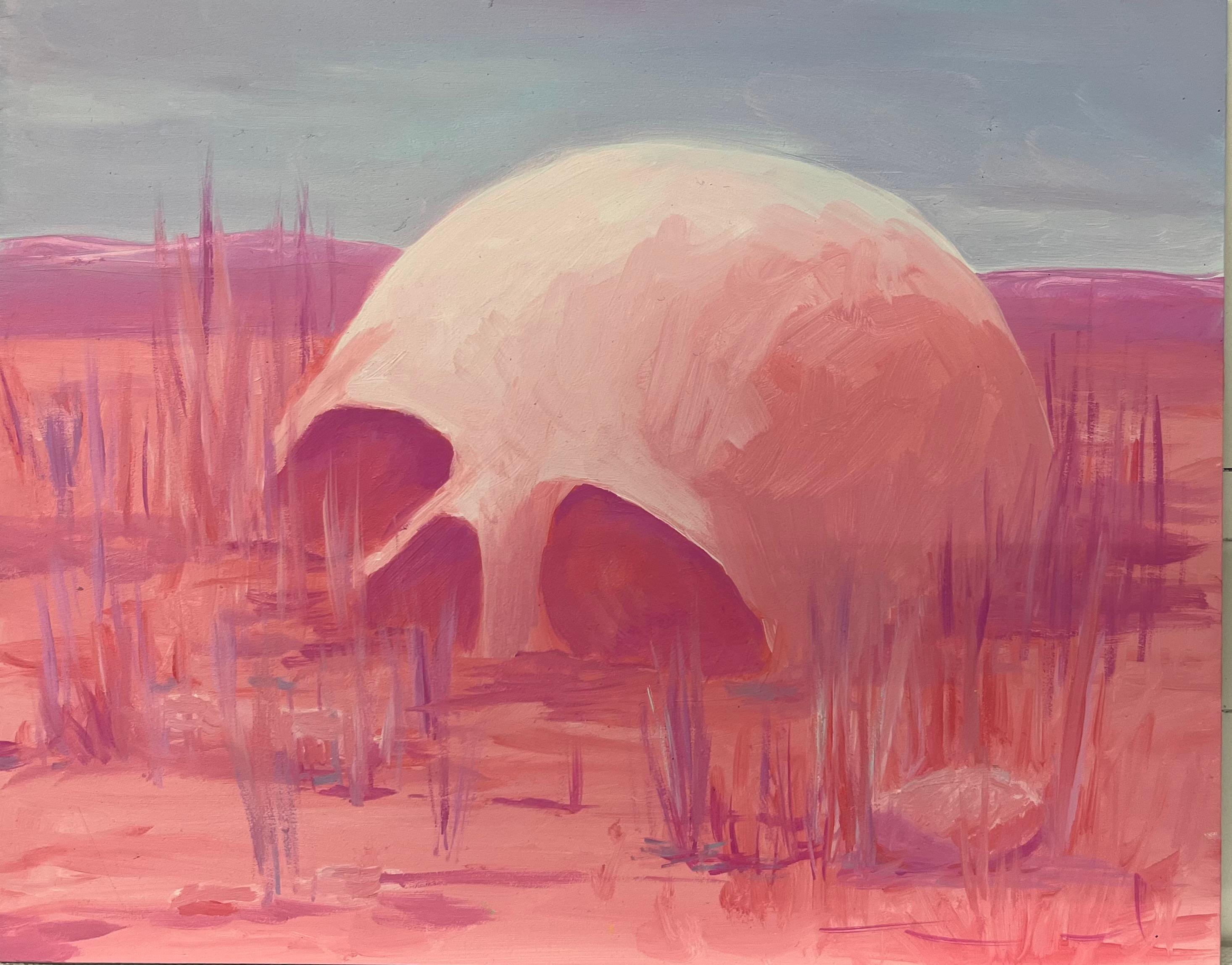 "Calavera" oil on panel, contemporary landscape with skull in pink and violet