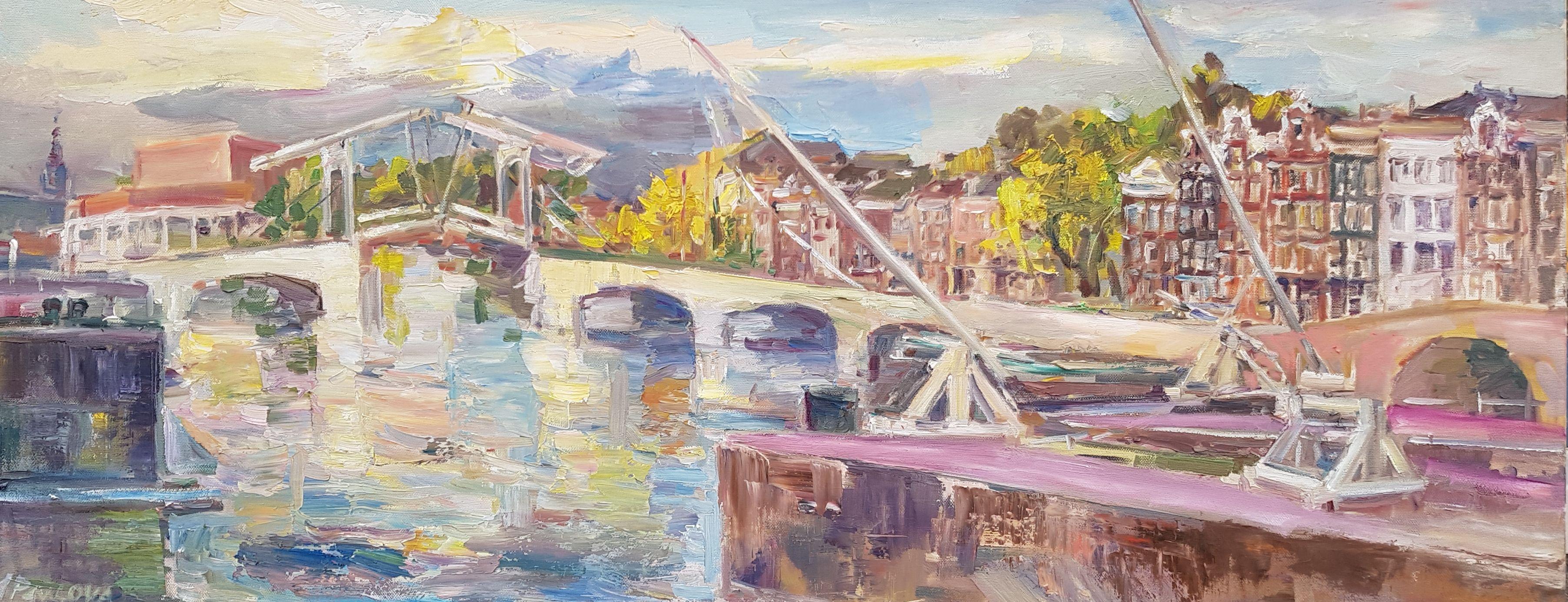 That is part of large canal of AmsterdM, Amstel, with white brigde, what namen Skinny bridge, behind you can see part of Nationale opera and ballet, in front system of sluse, , was nice light  and good reflection of the sky. :: Painting ::