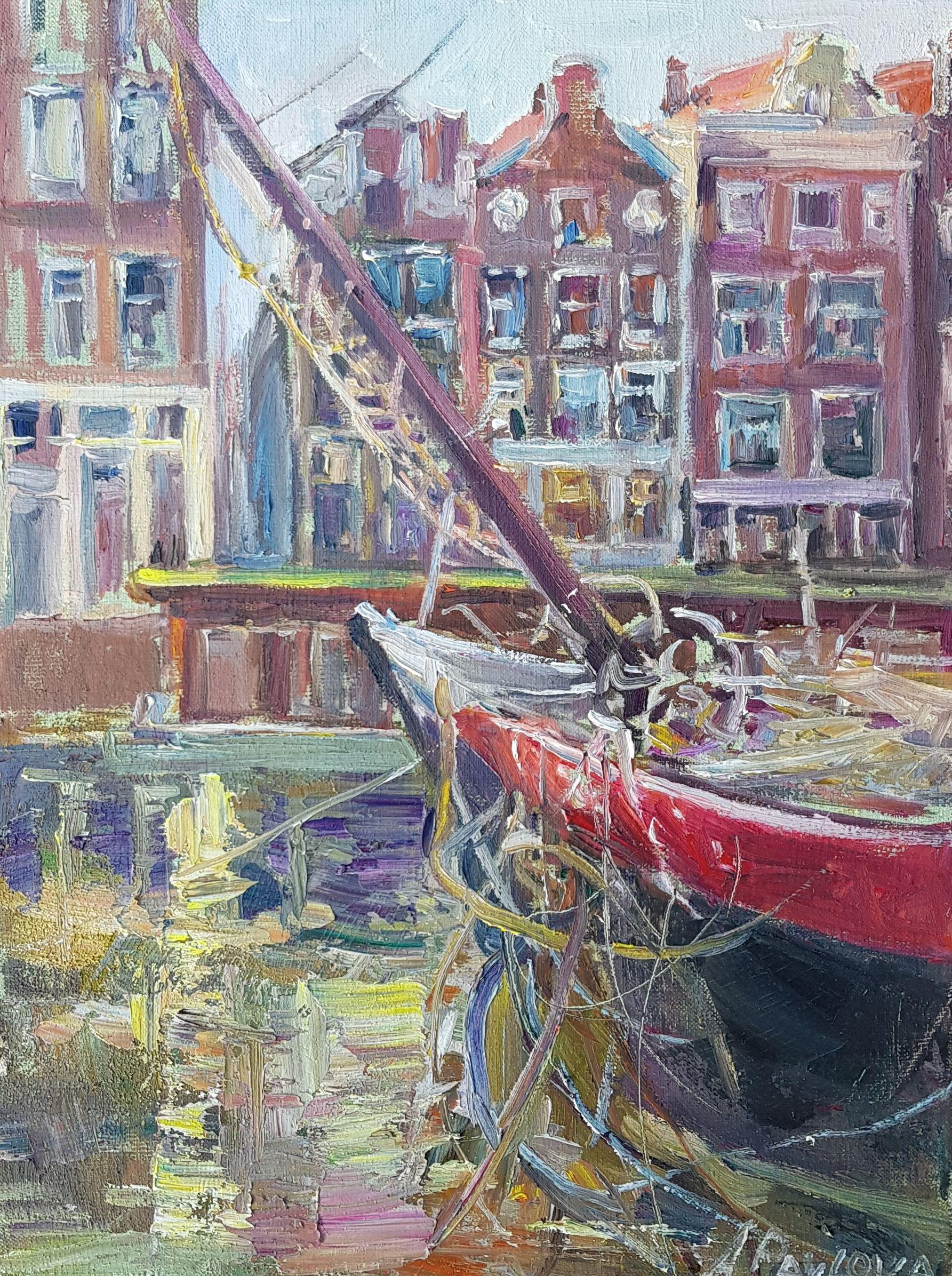 Was nice to see an old boats in Amsterdam.  A lot of people use to live here or rent it, quite interesting to see it in the ey making always special character  of Amsterdam. :: Painting :: Impressionist :: This piece comes with an official