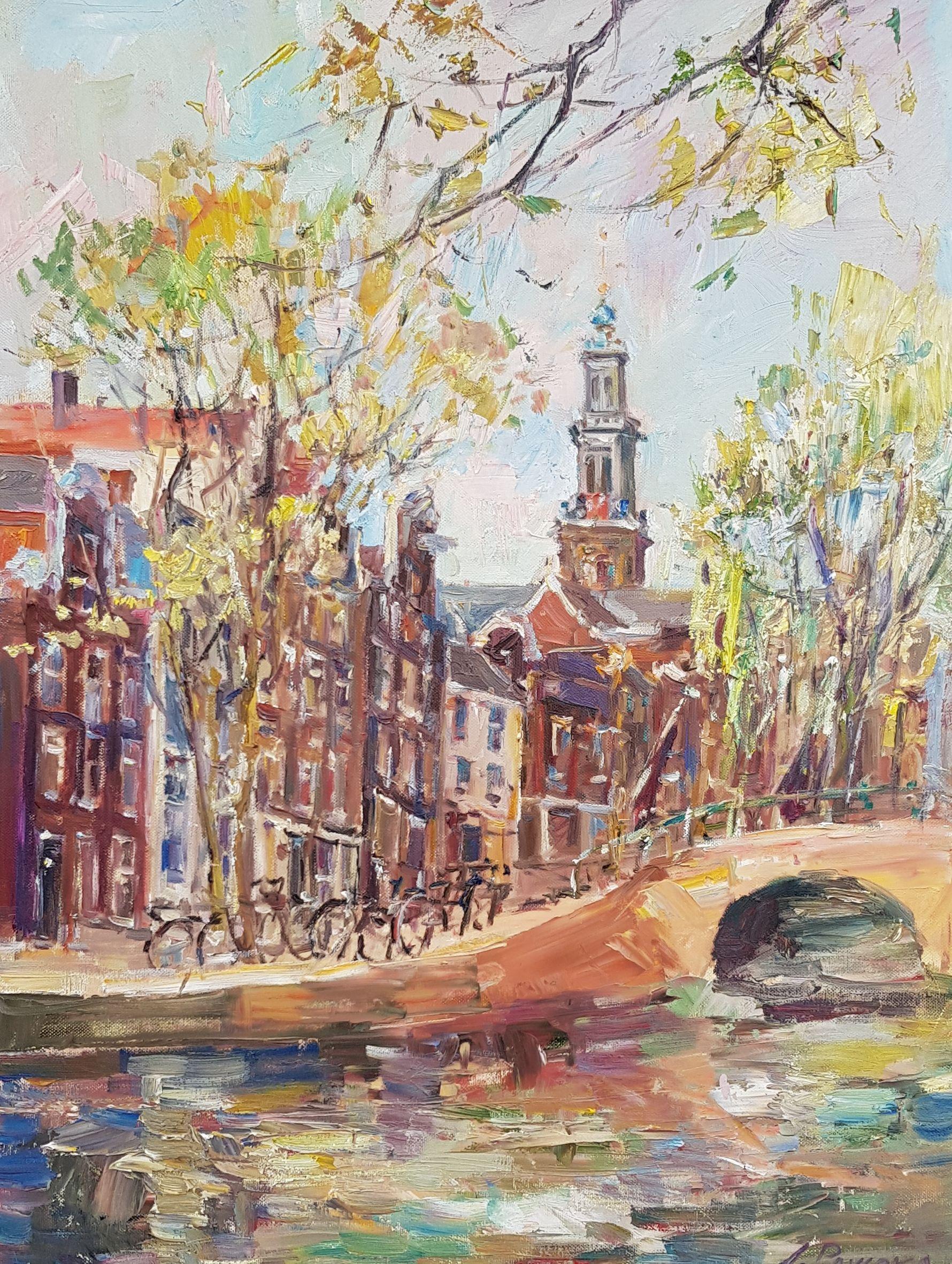 That is famous vertical of Amsterdam, Western Church, located at Prinsengracht, close to Anna Frankk's museum, very recognizable  high building.You can see it fr om many different canals and  perspective. :: Painting :: Impressionist :: This piece