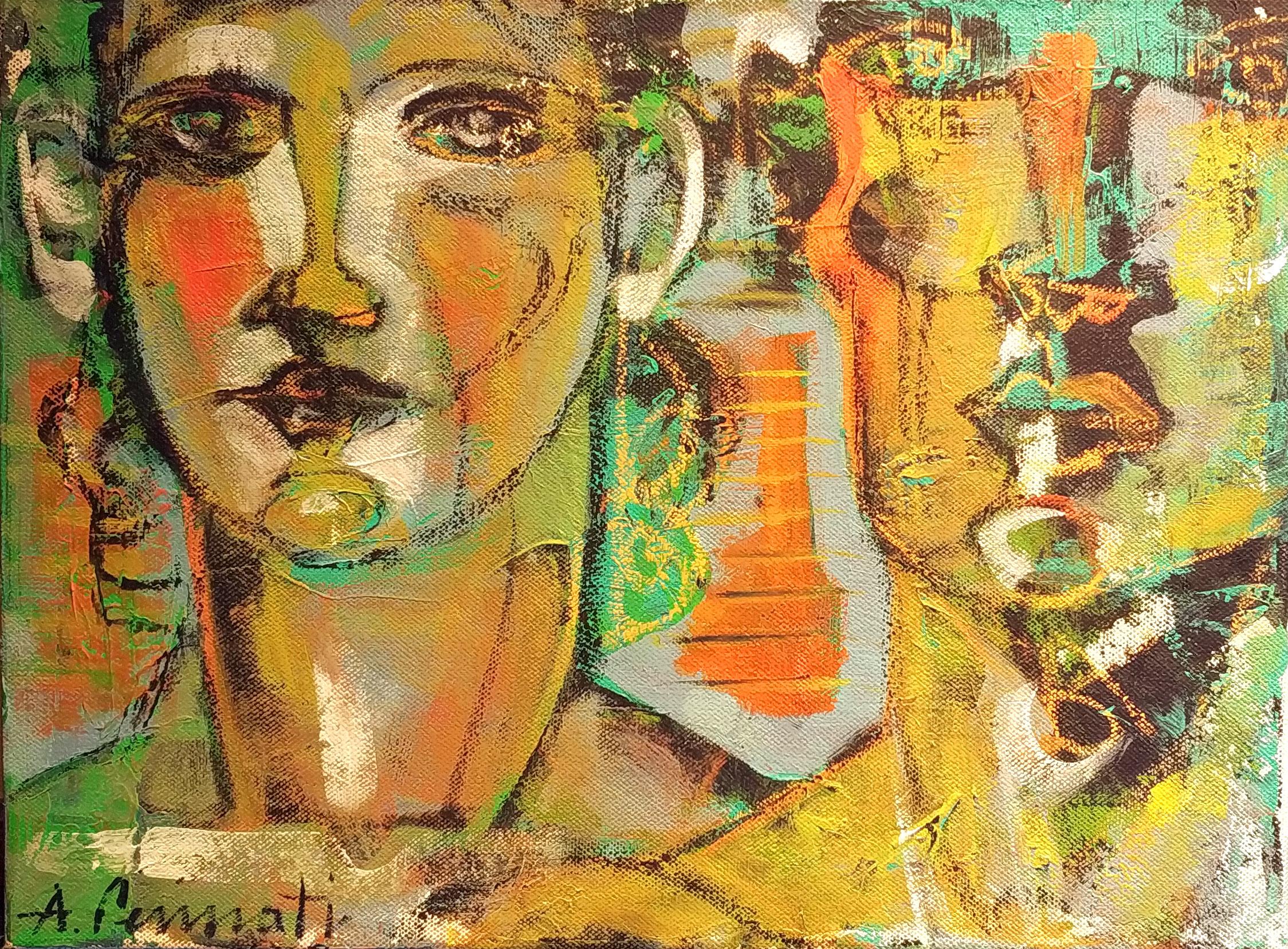"Double portrait in green" by Anna Pennati, acrilyc on canvas