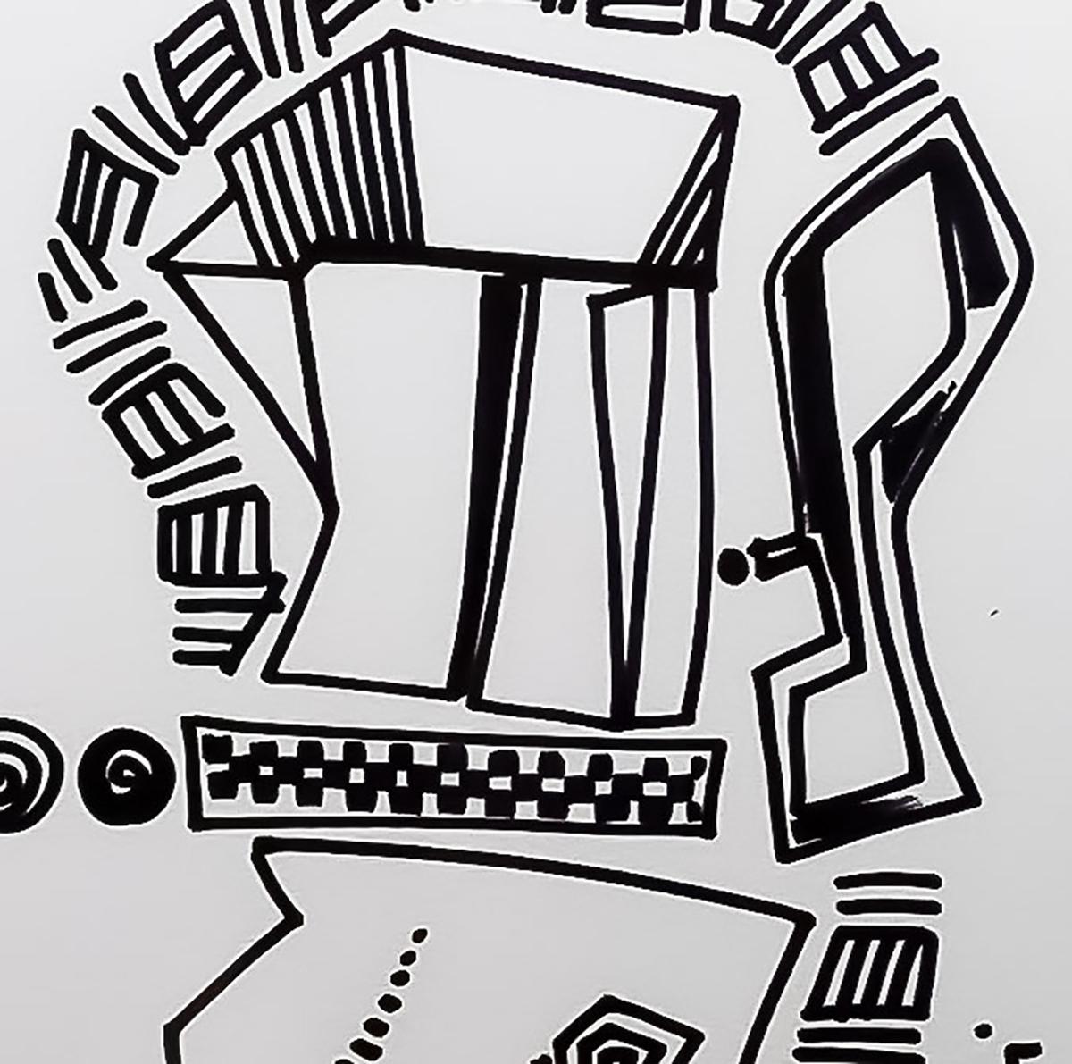 Kitchen Melody is a series of ink-on-paper works inspired by kitchen utensils. 
This work depicts a coffee maker.

Created for a restaurant opening in 2015. 