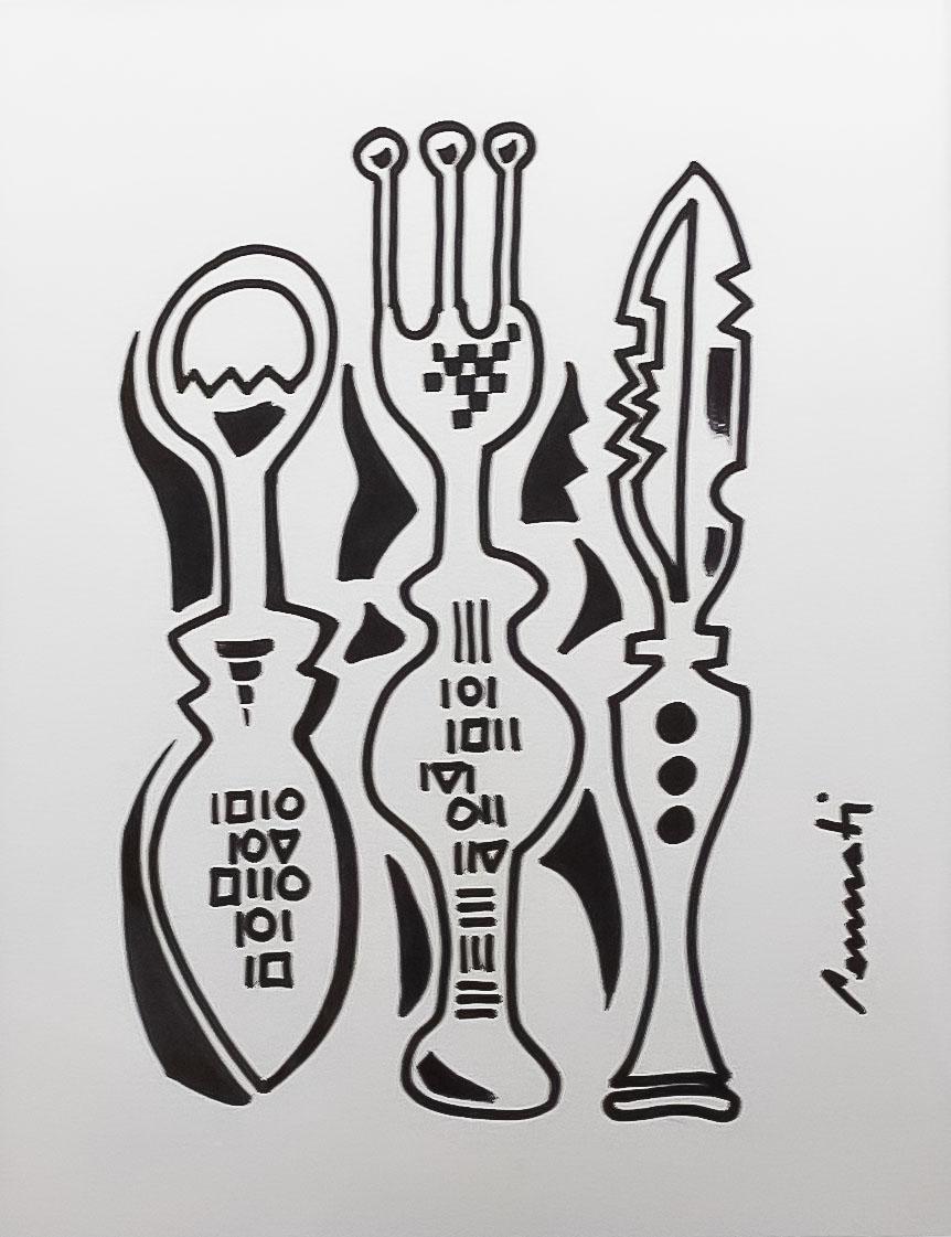 Kitchen Melody is a series of ink-on-paper works inspired by kitchen utensils. 
Cutlery is depicted in this work.

Created for a restaurant opening in 2015. 