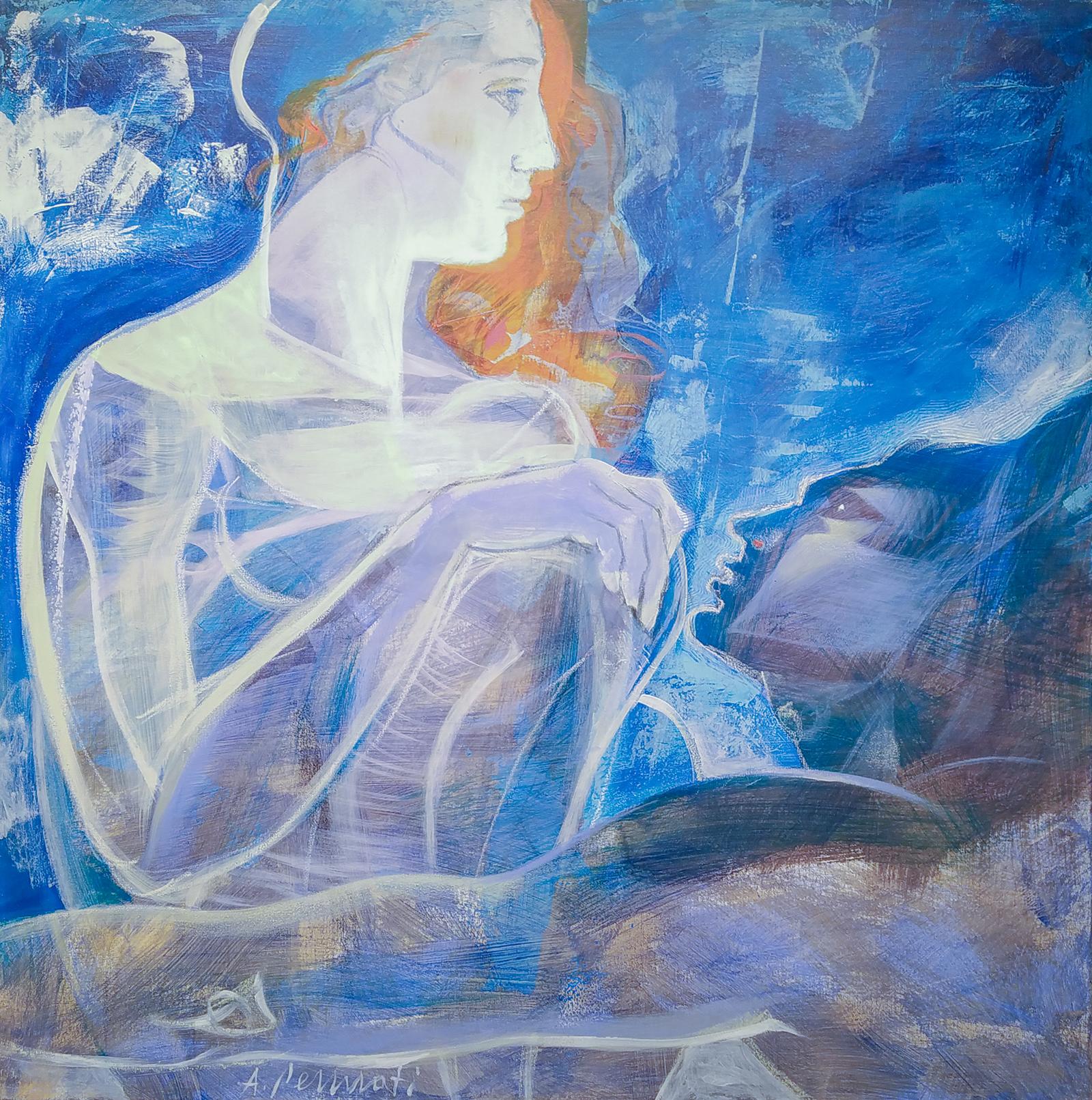 „La donna e il lupo“ von Anna Pennati, Gemälde in Mischtechnik auf Leinwand