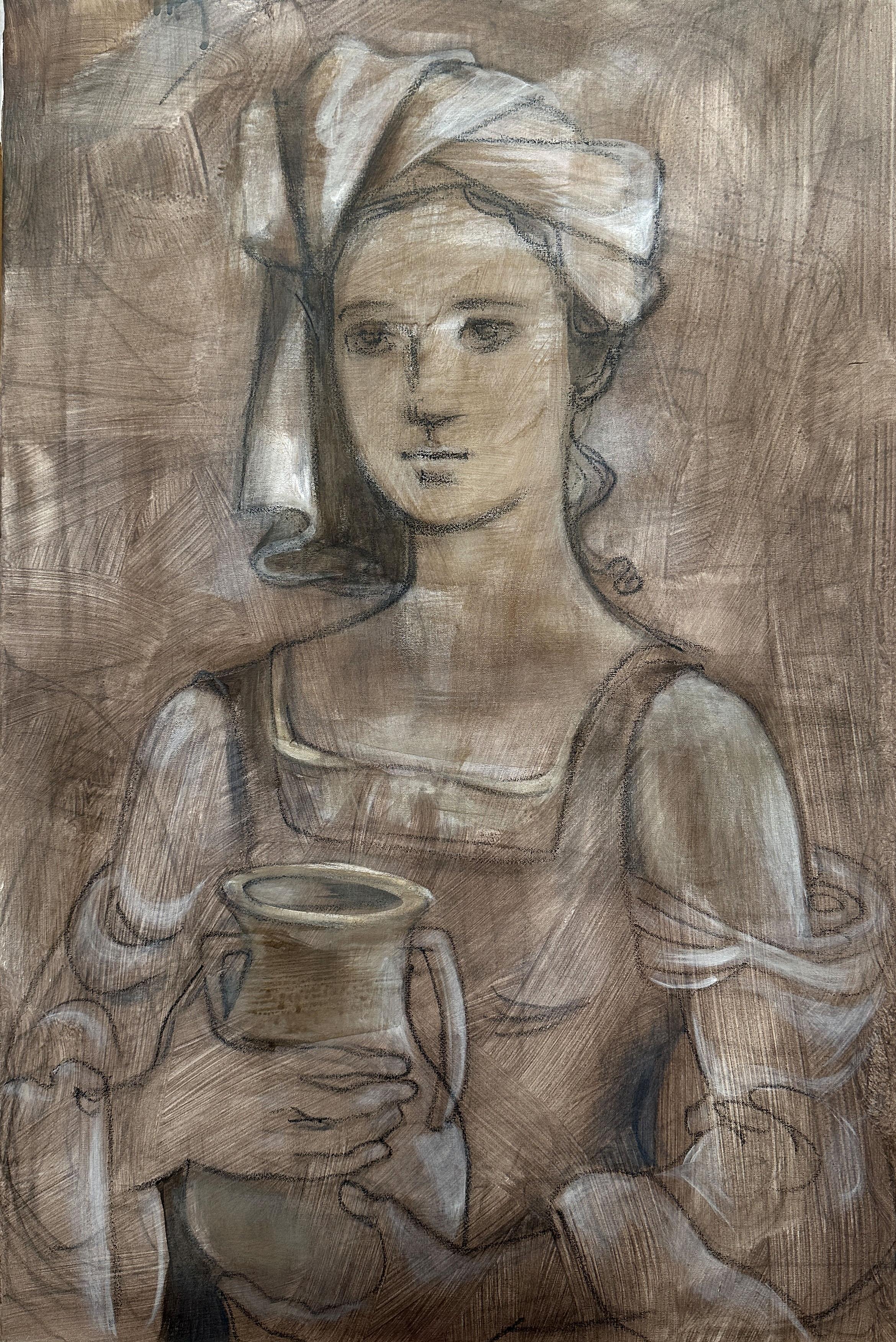 Opera completamente inedita dell'artista Anna Pennati. Mostra il ritratto di una giovane Madonna al pozzo. Opere d'arte commissionate.


