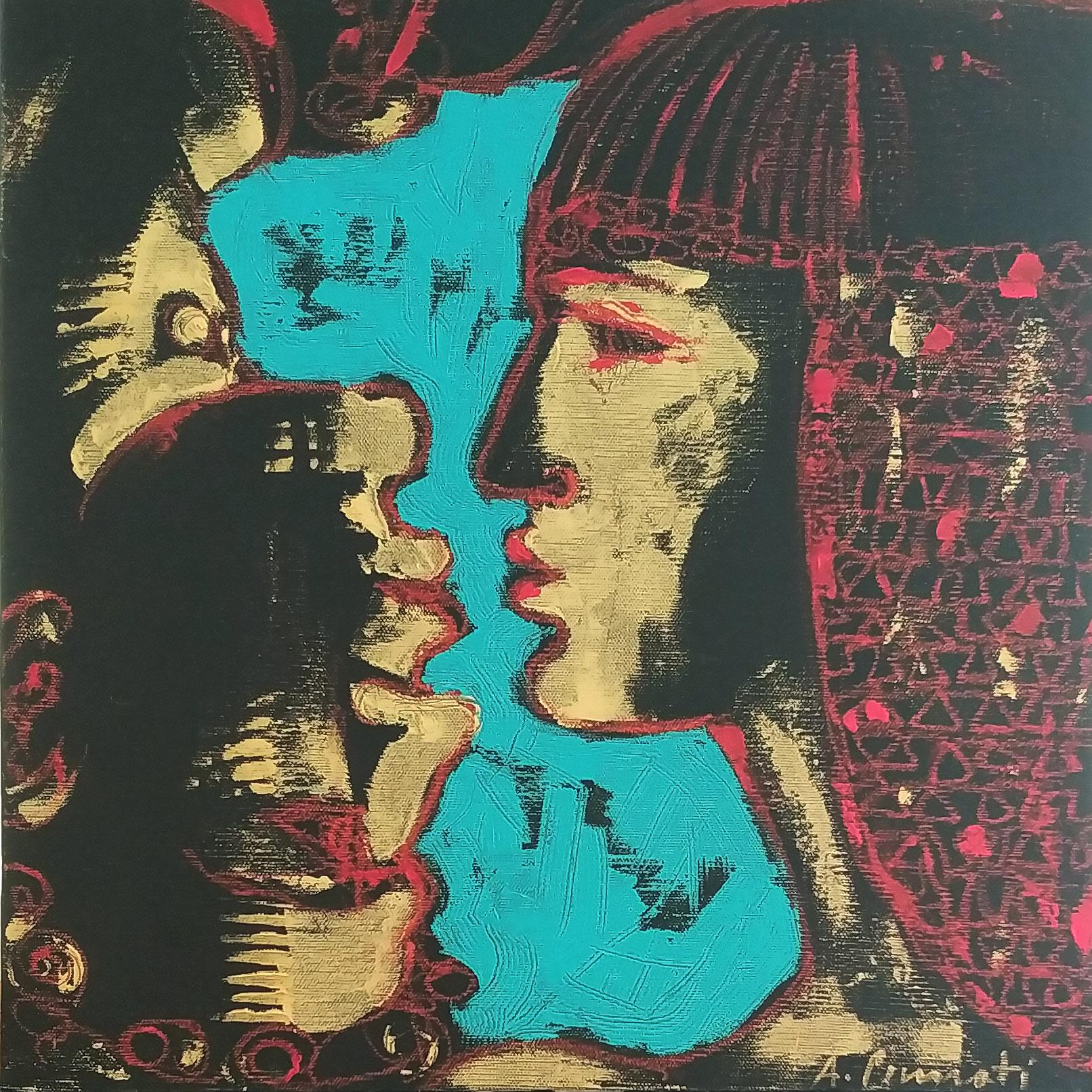 This painting is part of a series of artworks dedicated by Anna Pennati to William Shakespeare and in detail to the drama of Antonio and Cleopatra.

The figures are presented one upside down in relation to the other and since the work is a square,