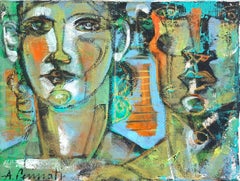 «Retrato doble en verde», de Anna Pennati, pintura original, acrílico sobre lienzo