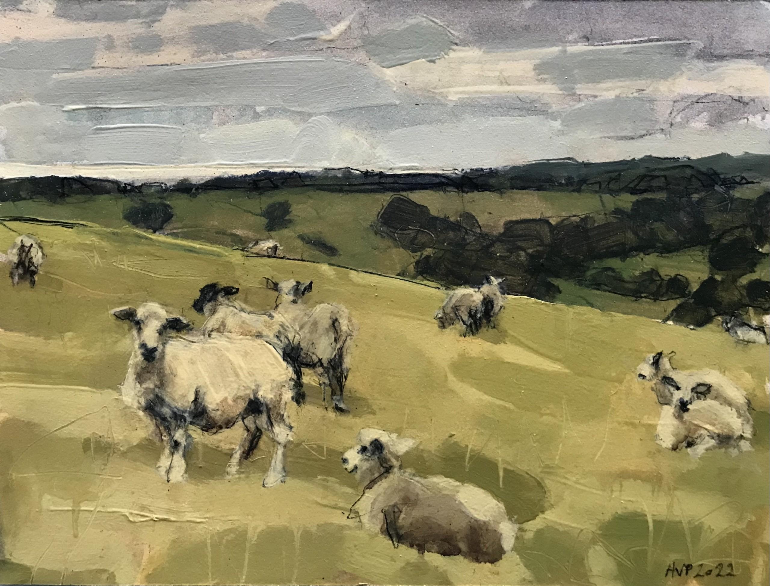 Sheep, South Downs, last day of June II, Animal Painting, Countryside Art