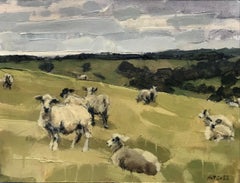 Moutons, South Downs, dernier jour de juin II, peinture d'animaux, art de la campagne