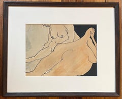 Anna Poulos (1933 - 2003) Disegno figurativo astratto a inchiostro e acquerello di due nudi