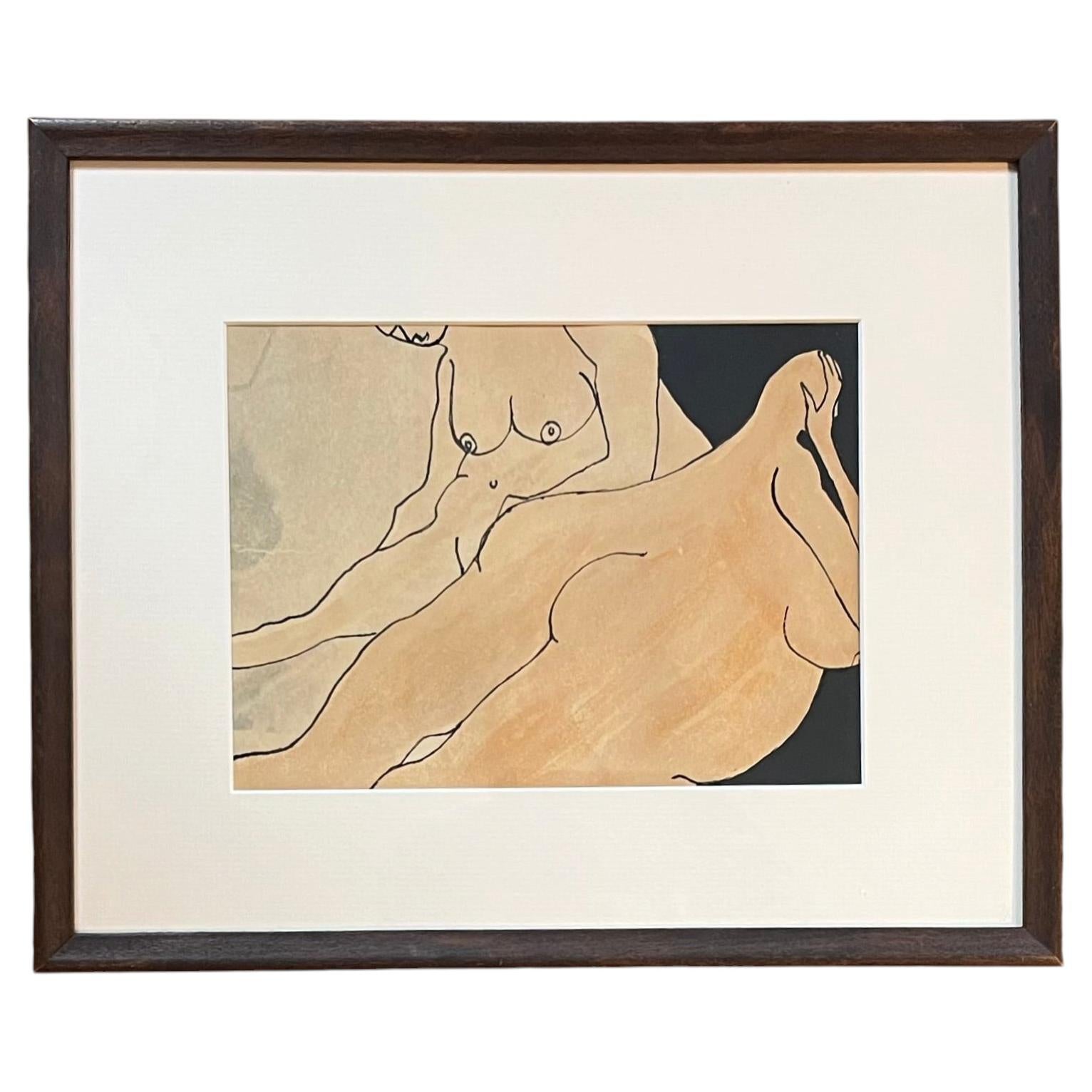 Anna Poulos (1933 - 2003) Abstract Figural Ink Drawing & Watercolor of Two Nudes