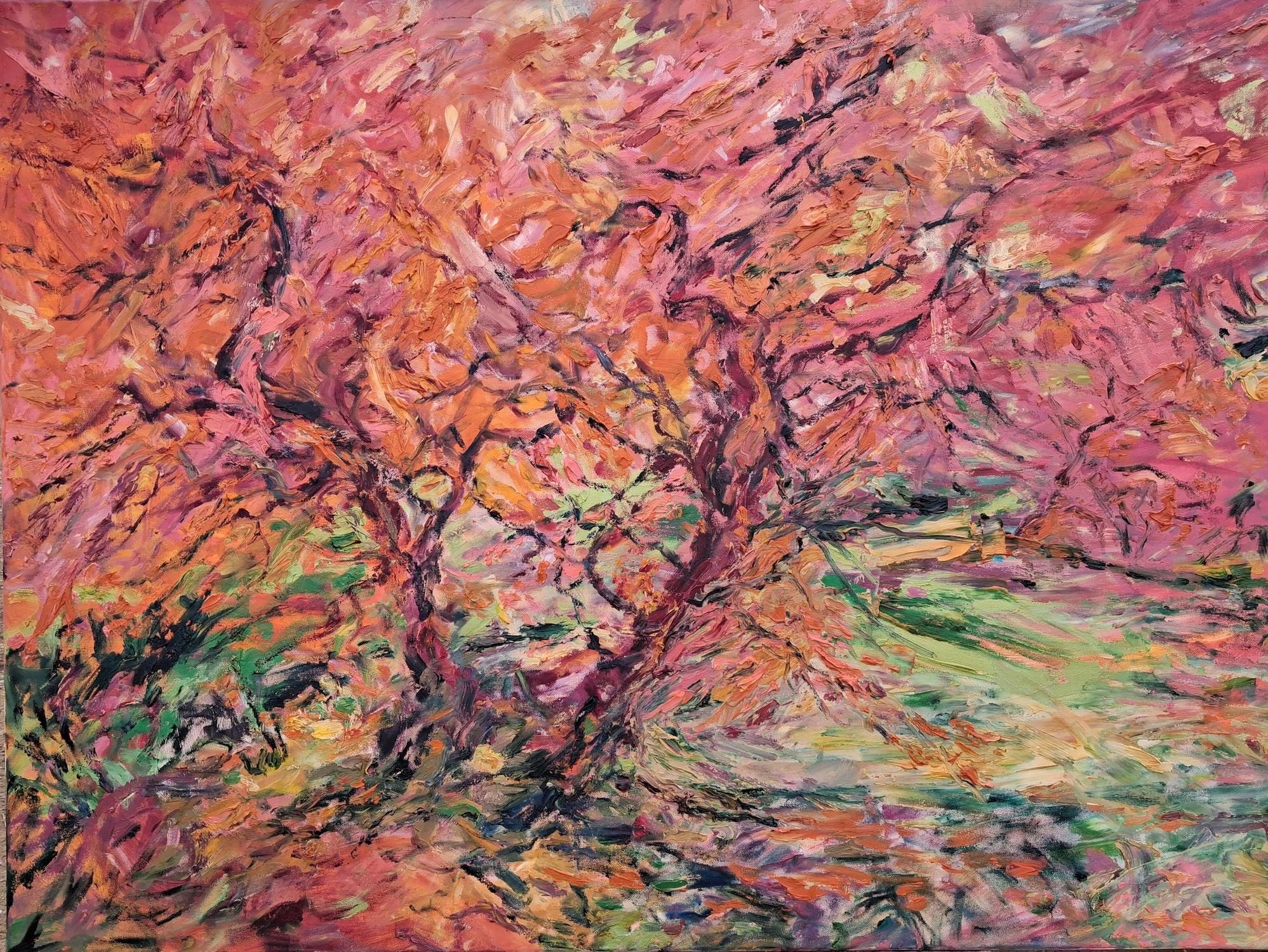 Red Maples Landscape Impressionism Original oil Painting, Ready to Hang
