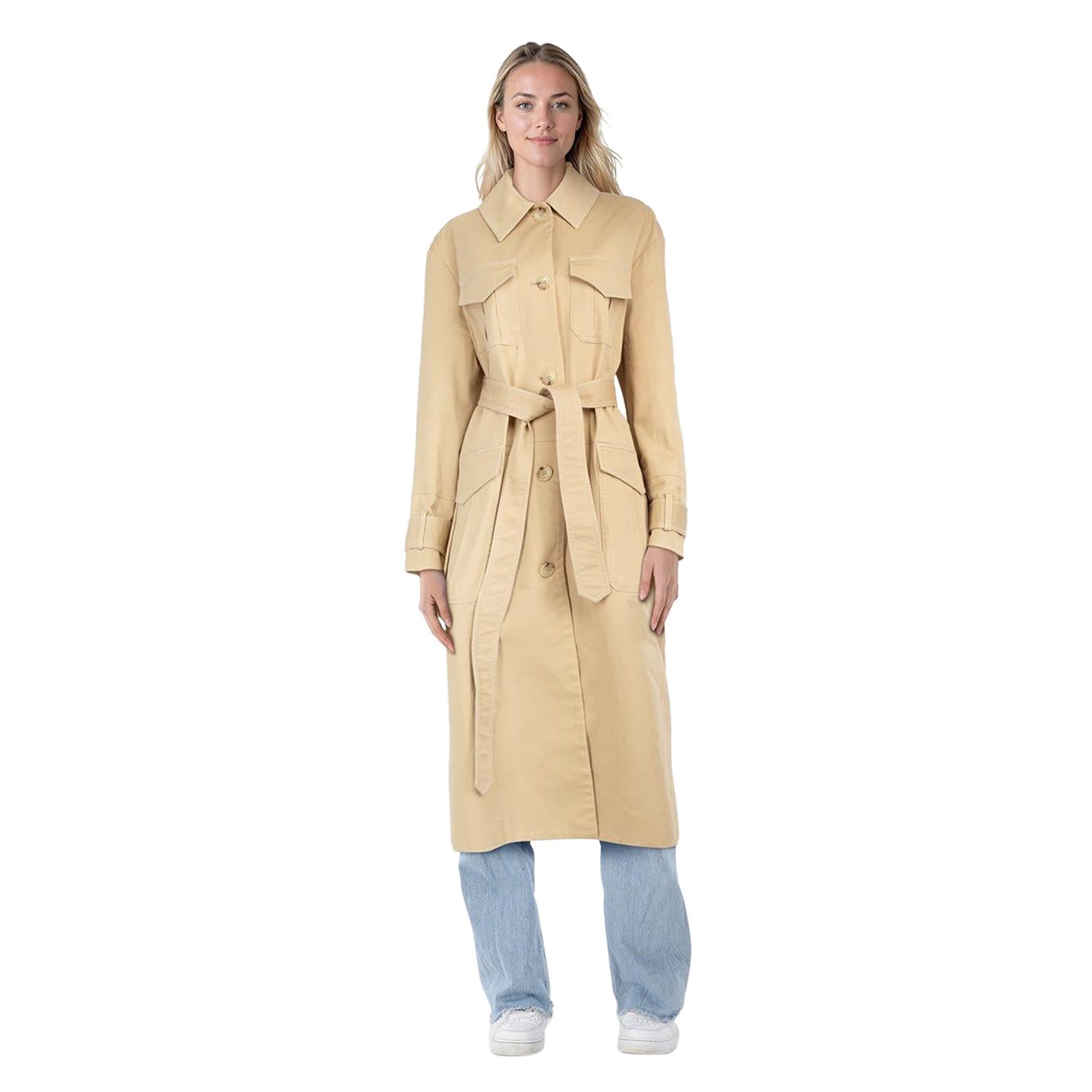 ANNA QUAN Beige Belted Long Buttoned Coat Size S