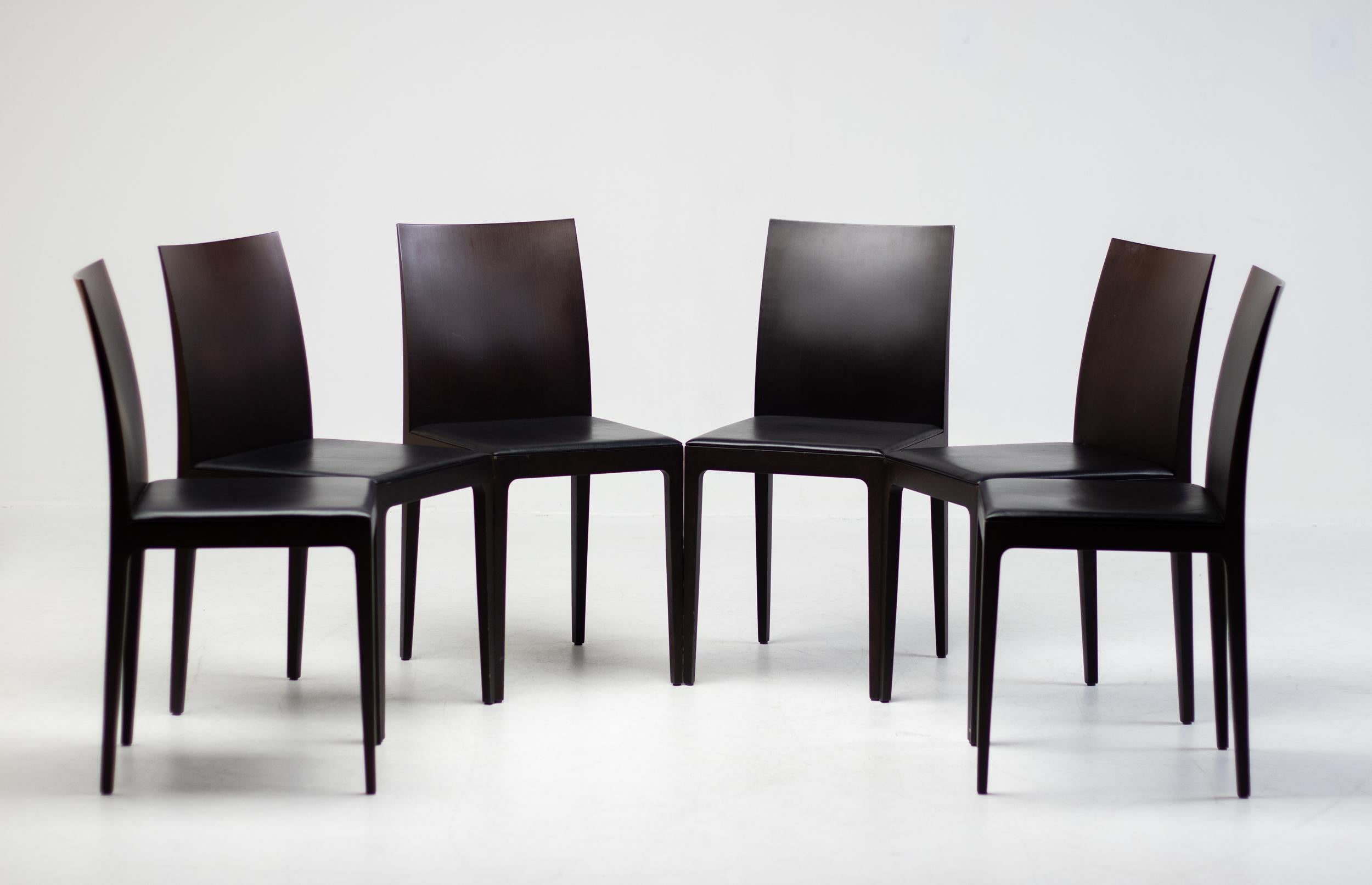 Anna R Chairs by L&R Palomba Crassevig Italy Dark Chocolate Wood Black Leather For Sale 4