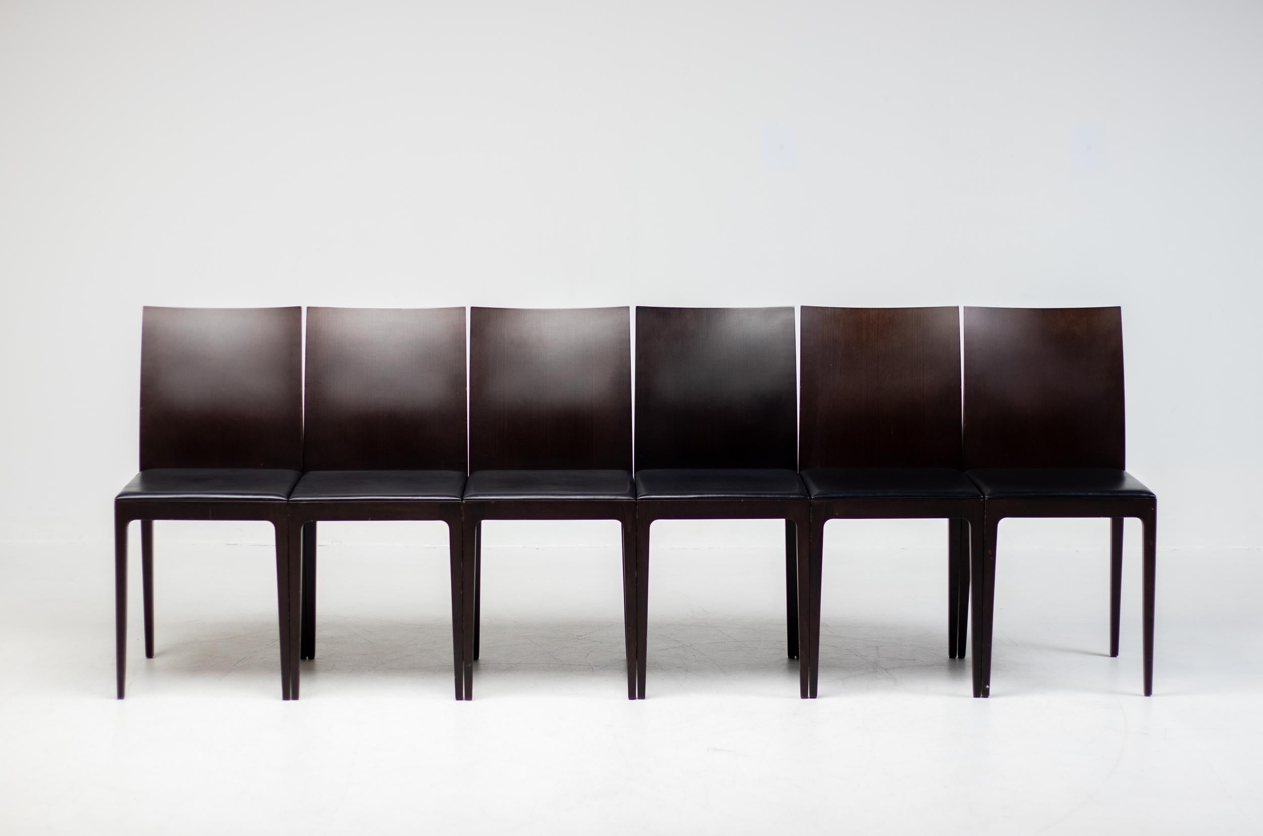 Anna R Chairs by L&R Palomba Crassevig Italy Dark Chocolate Wood Black Leather For Sale 6