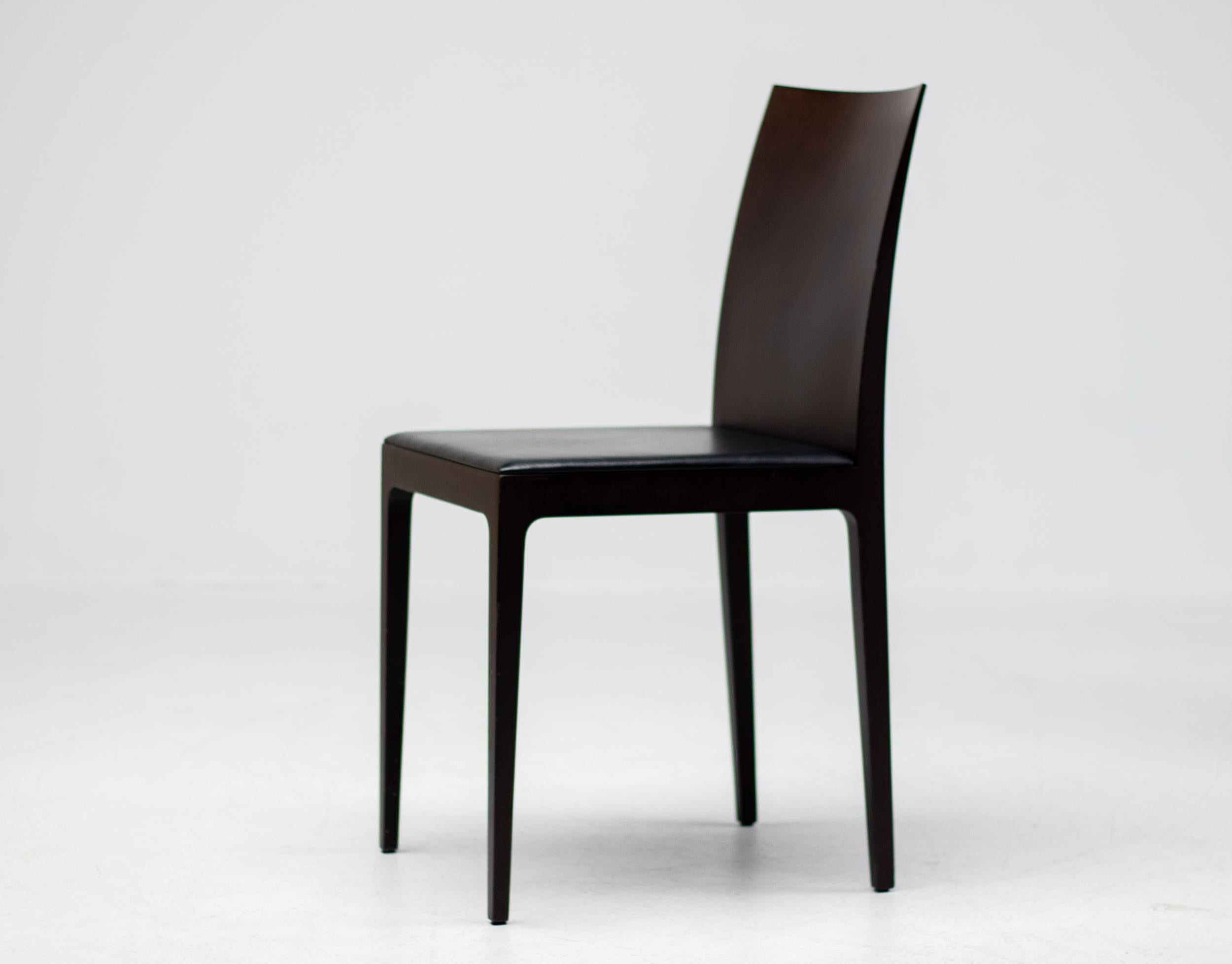 Late 20th Century Anna R Chairs by L&R Palomba Crassevig Italy Dark Chocolate Wood Black Leather For Sale