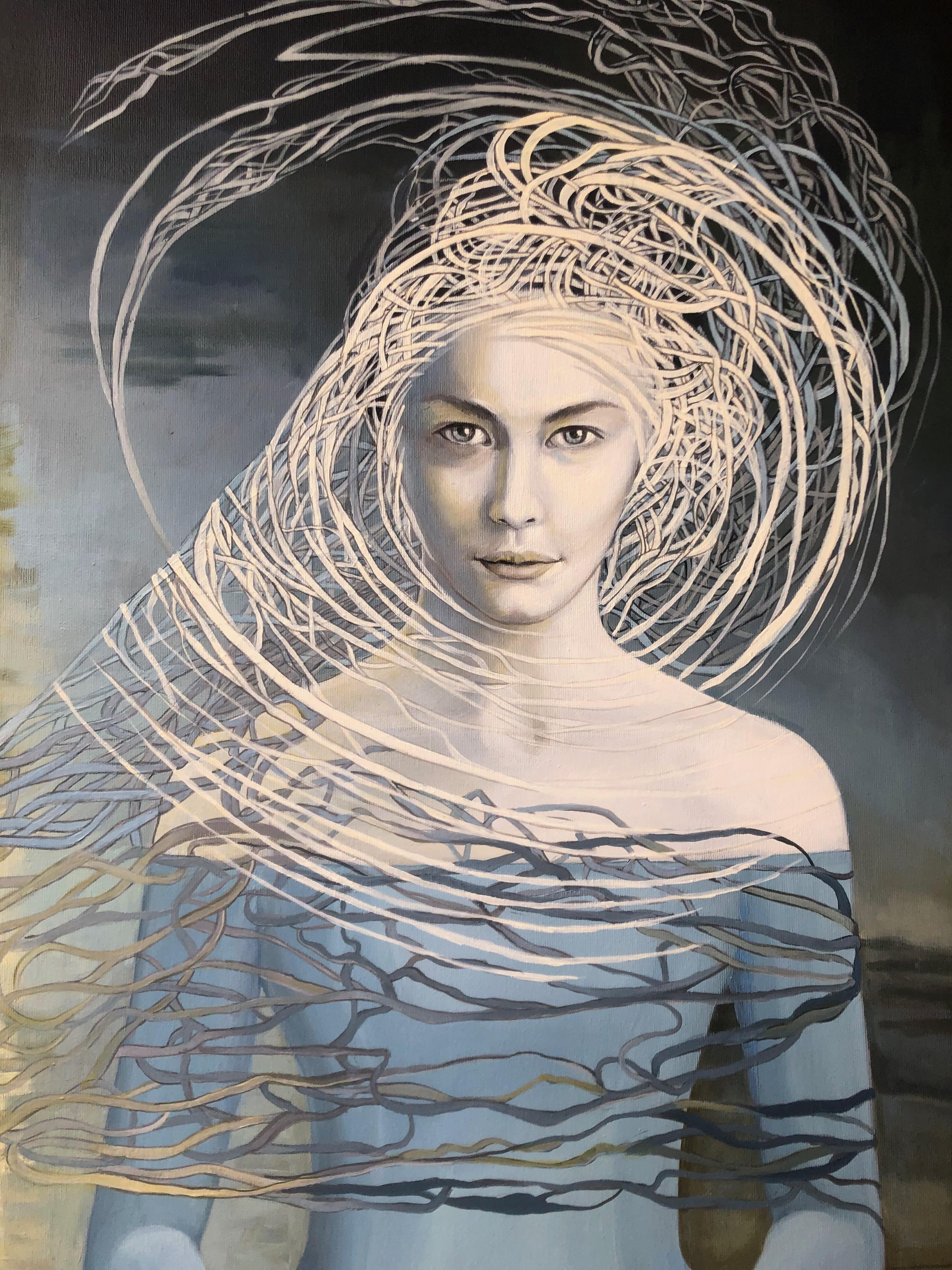 Non posso dirti tutto Donna in abito blu Pittura ad olio - Painting di Anna Raczka