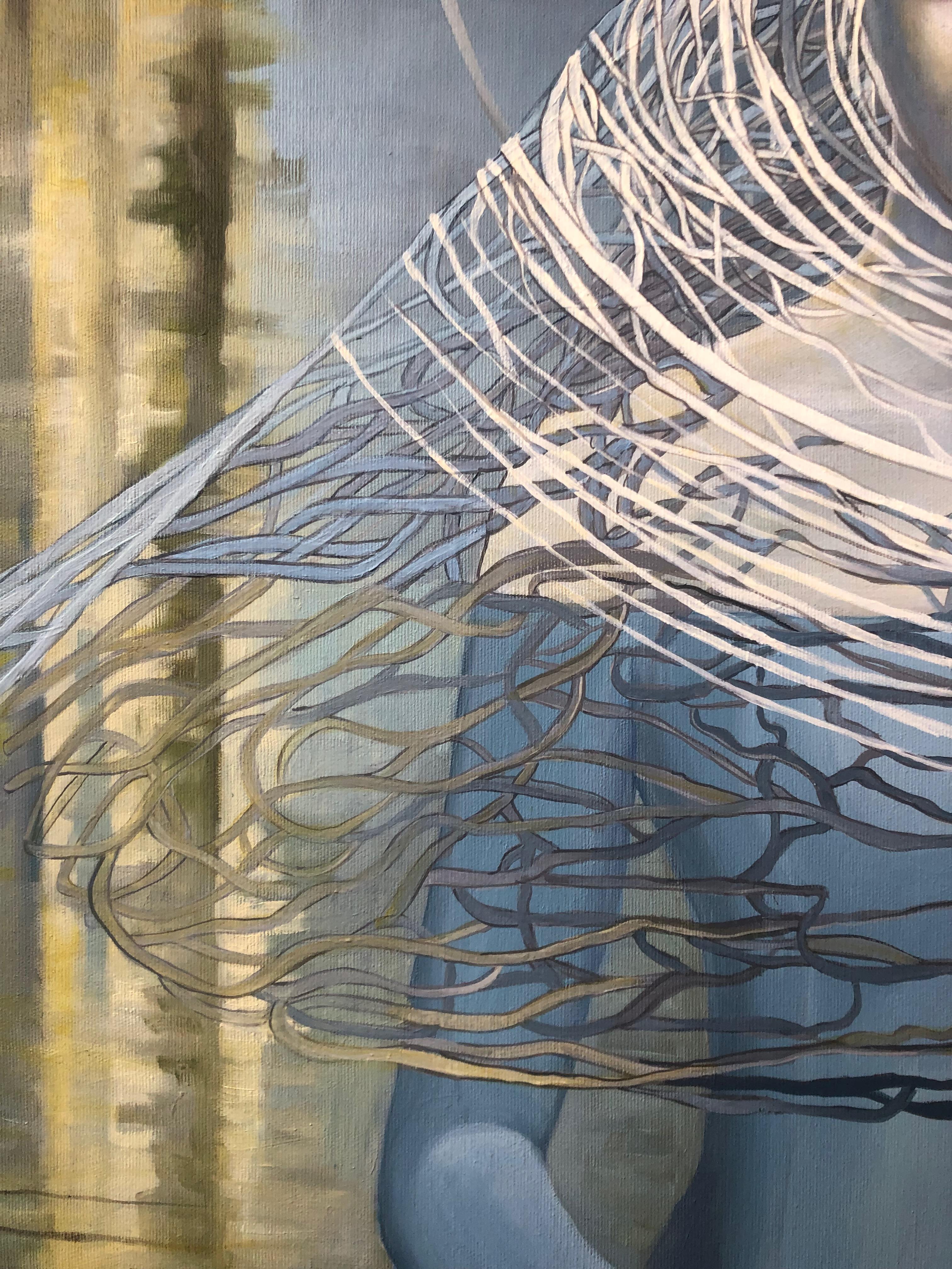 Non posso dirti tutto Donna in abito blu Pittura ad olio - Painting Contemporaneo di Anna Raczka