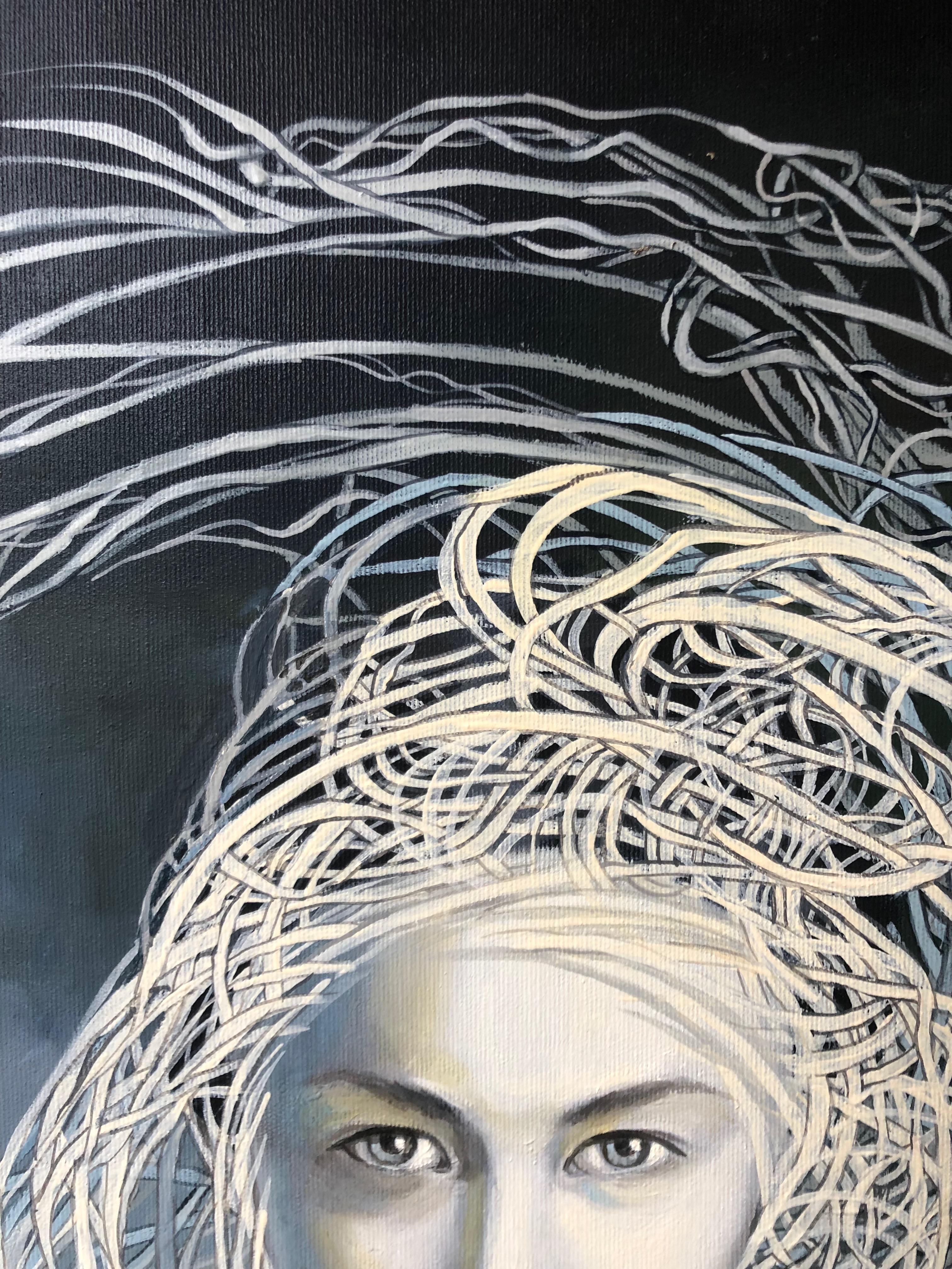 Non posso dirti tutto Donna in abito blu Pittura ad olio - Figurative Painting Grigio di Anna Raczka