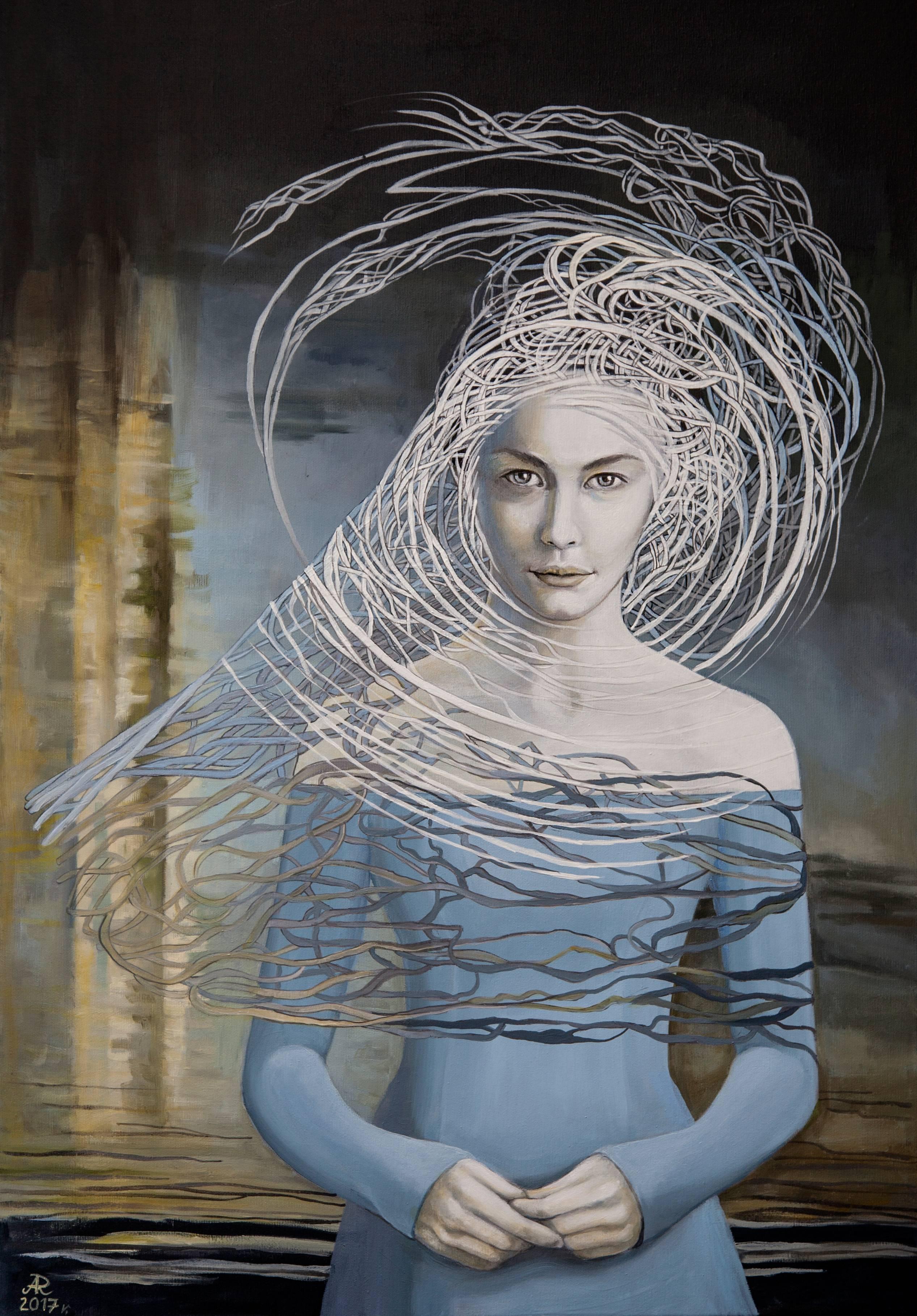Figurative Painting di Anna Raczka - Non posso dirti tutto Donna in abito blu Pittura ad olio