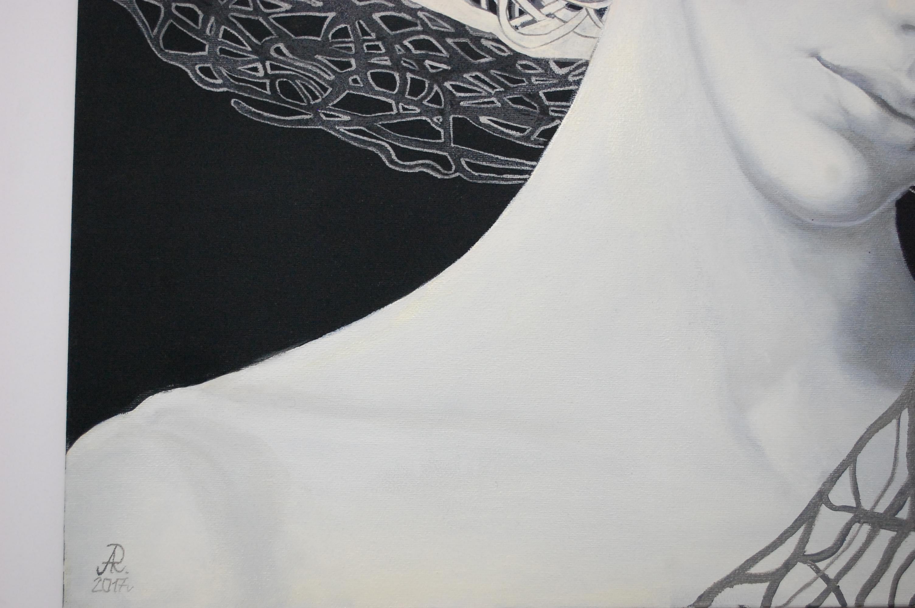 Nocturne Zeitgenössisches Grau-Weiß-Porträt (Schwarz), Portrait Painting, von Anna Raczka