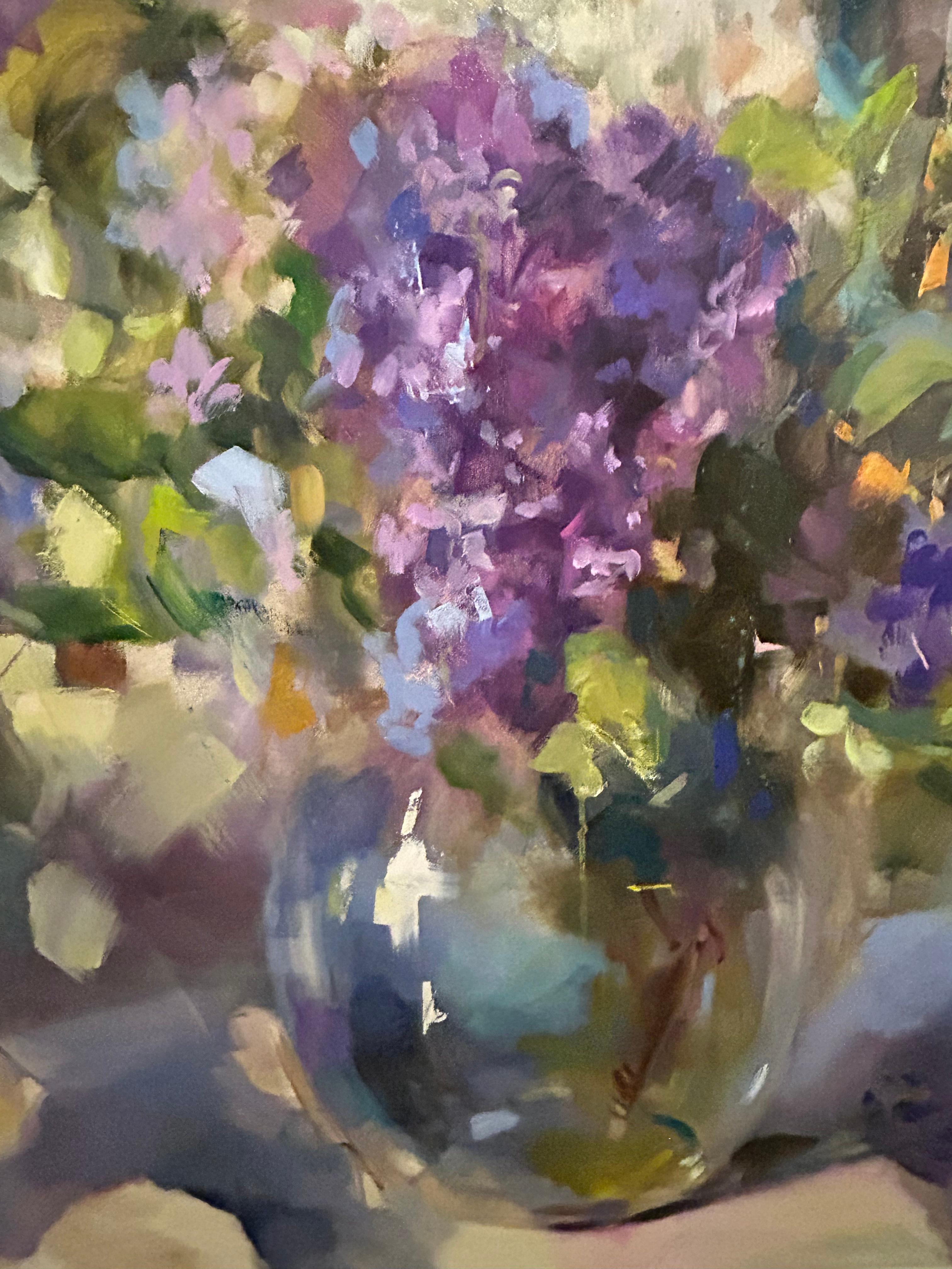 Original Oil on Canvas work by Russian-Canadian artist Anna Razumovskaya featuring impressionist style purple flowers and a vase. Razumovskaya's signature soft brushwork is on display in this piece, creating a vase of hydrangeas out of simple