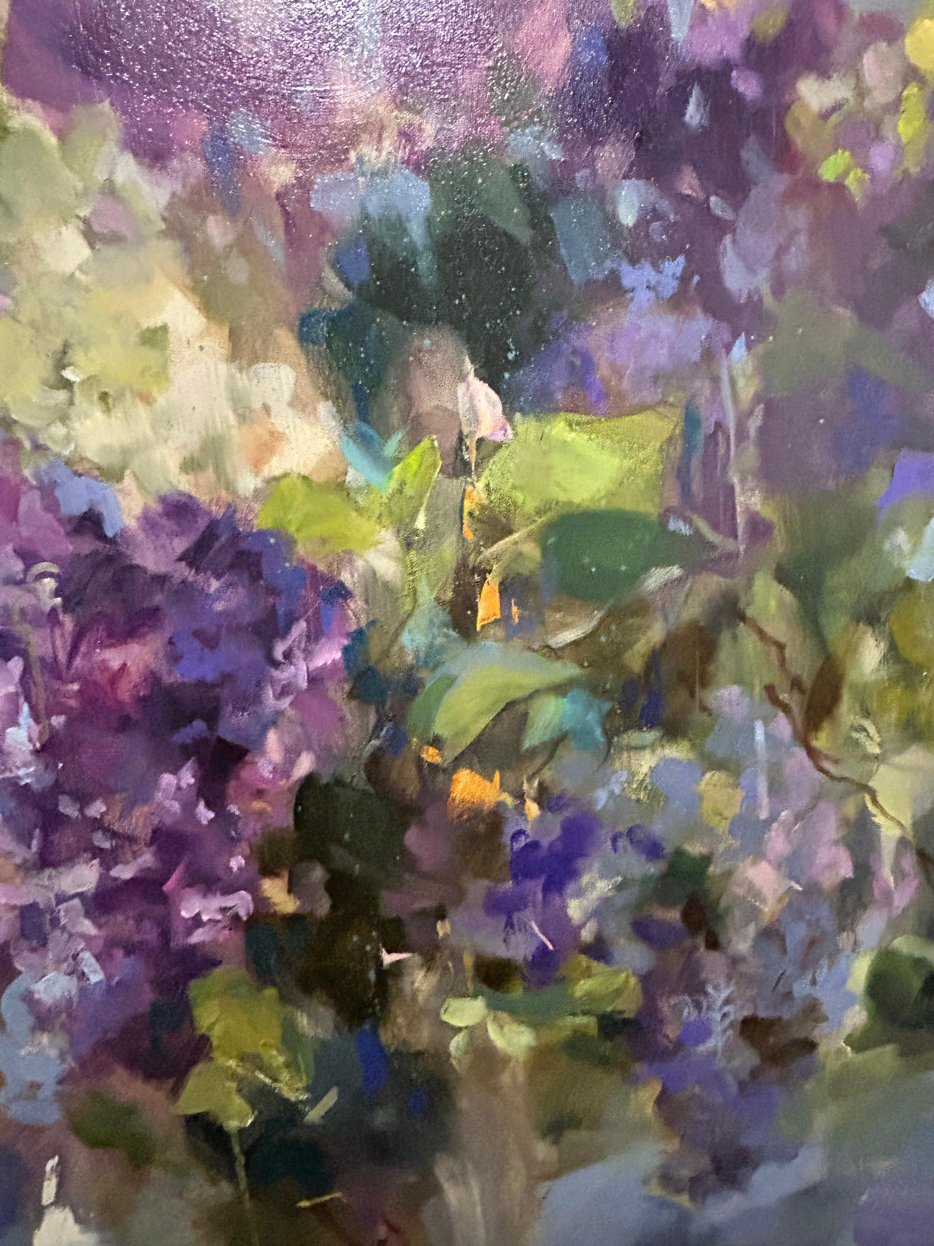Original Oil on Canvas work by Russian-Canadian artist Anna Razumovskaya featuring impressionist style purple flowers and a vase. Razumovskaya's signature soft brushwork is on display in this piece, creating a vase of hydrangeas out of simple