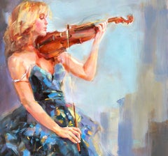 Pittura ad olio 'Serenata in blu' Violinista donna in abito da ballo