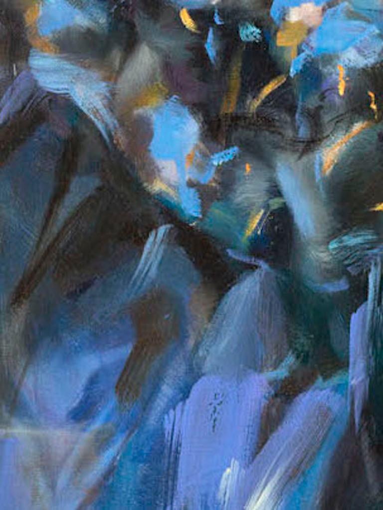 Pintura al óleo 'Serenata en azul' Violinista femenina con vestido de baile - Painting Contemporáneo de Anna Razumovskaya