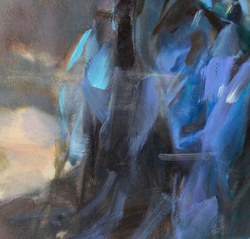 Pintura al óleo 'Serenata en azul' Violinista femenina con vestido de baile - Figurative Painting Gris de Anna Razumovskaya