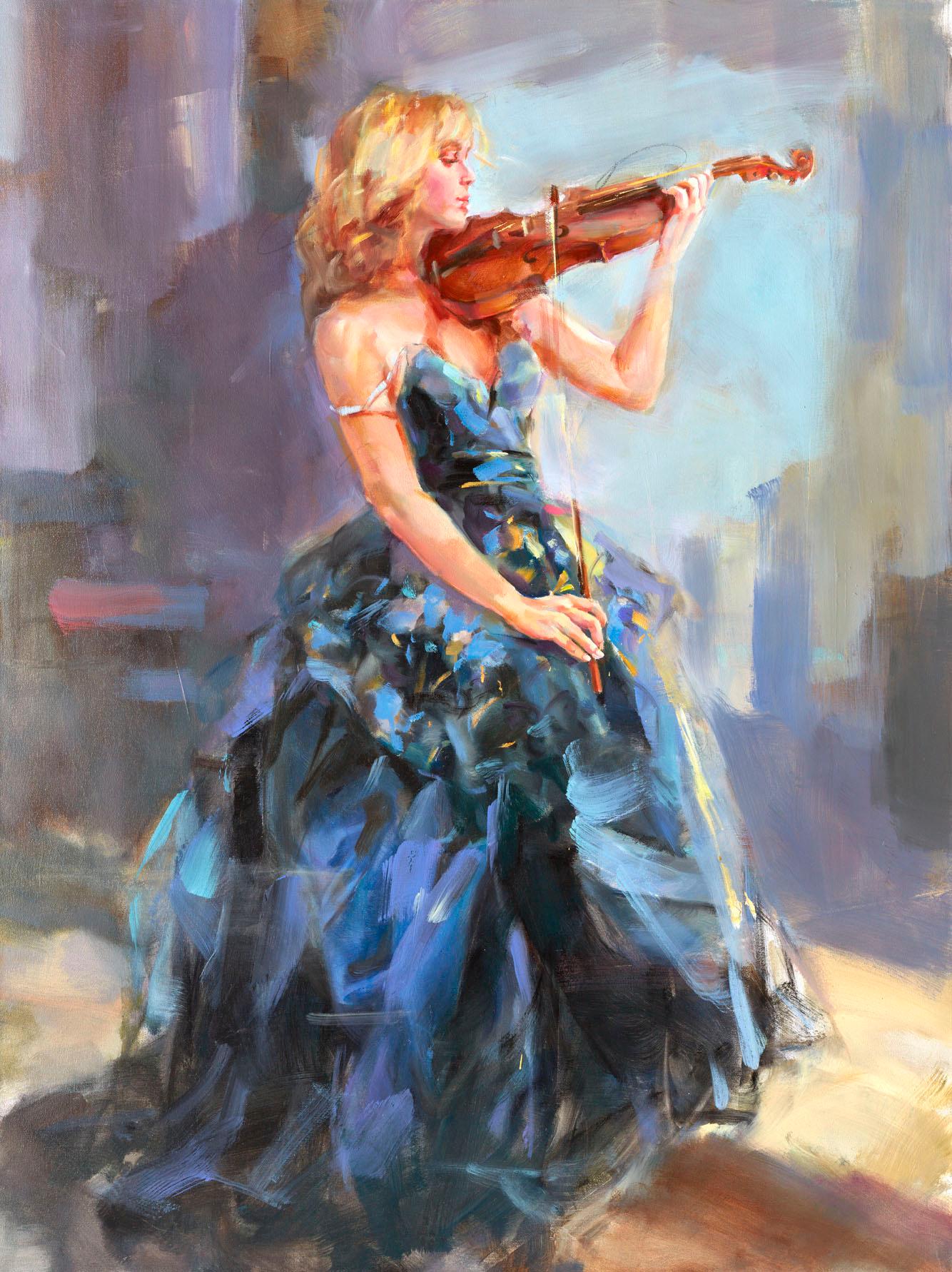 Figurative Painting de Anna Razumovskaya - Pintura al óleo 'Serenata en azul' Violinista femenina con vestido de baile