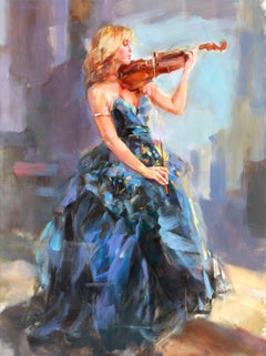 Pintura al óleo 'Serenata en azul' Violinista femenina con vestido de baile