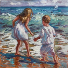 Chasing the Waves, Oil painting with children and Seascape