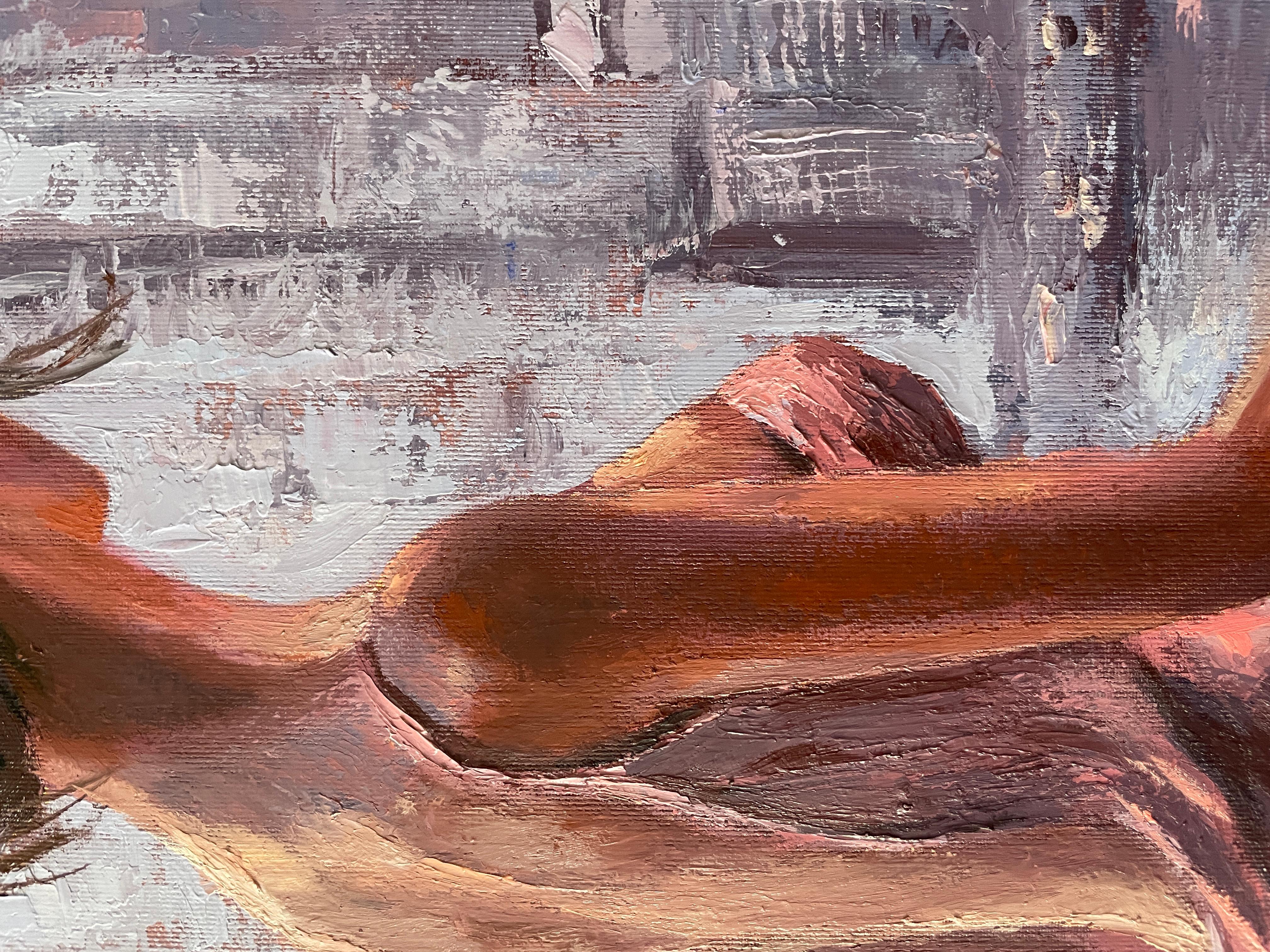 La obra está realizada con grandes trazos voluminosos, en la técnica de la impresión.
Pintado con pinceles y espátula sobre el lienzo.
Esta obra es única, no se trata de una copia.
Firmado en el anverso y acompañado de un Certificado de