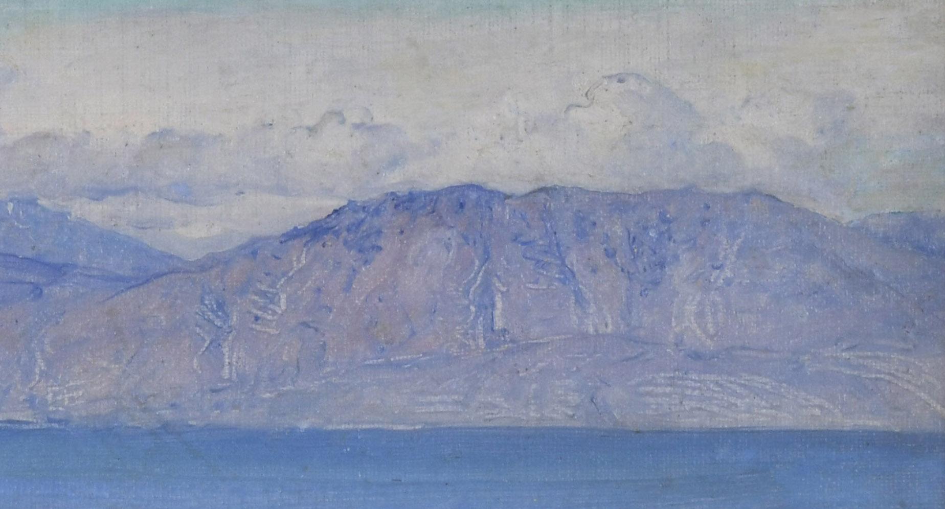 Golfo de Corinto 
Óleo sobre lienzo, abril de 1912
Firmado por el artista abajo a la izquierda; titulado por el artista abajo a la derecha (ver fotos)
Tamaño de la imagen: 5 1/2 x 13 1/2 pulgadas
Tamaño del marco: 9 x 16 3/4 pulgadas
Estado: