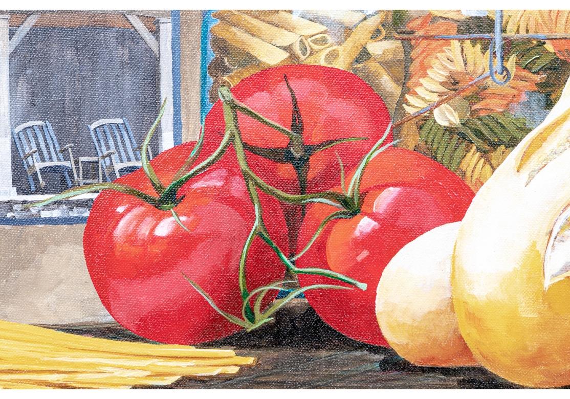 Signed lower right and on verso. The scene in a kitchen featuring bountiful summer produce spilling out of a basket in the center. Fruit and cheese, milk and various cannisters are also on the plaid covered table. Framed in three parts in natural