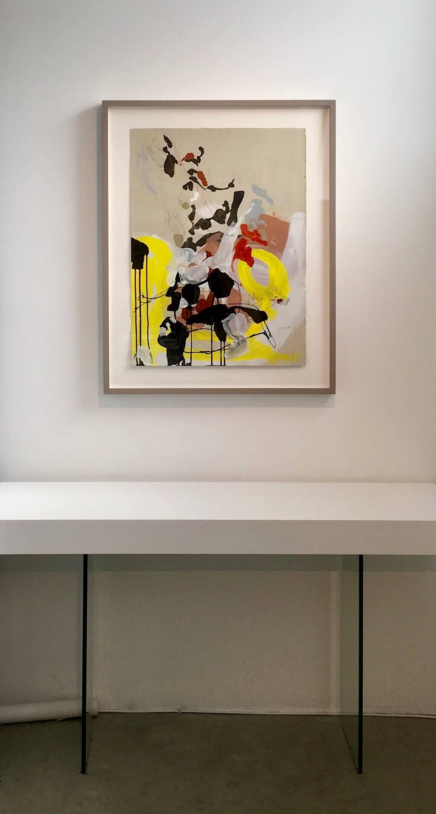 This mixed-media work by Anna Schuleit Haber includes acrylic and ink on paper and is framed. Her mark-making has a narrative quality to it. This particular artwork, Electrologe, is based on a song from long ago. The painting is abstract, and so is