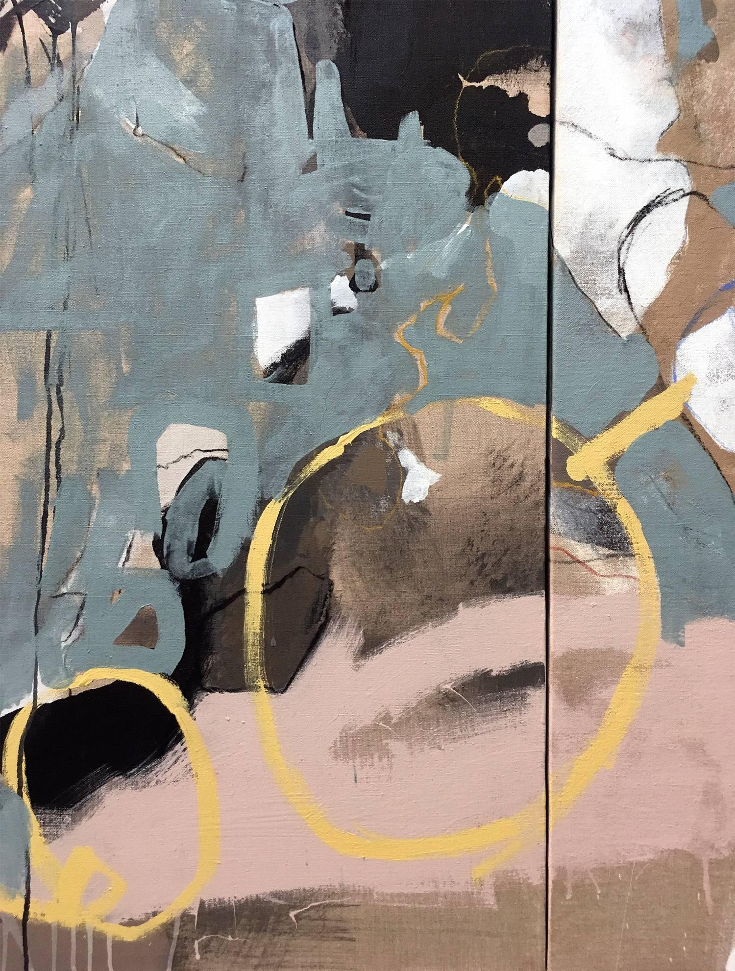 This mixed-media work by Anna Schuleit Haber includes acrylic, ink, and oil pastel (but no oil paint) on linen. For Schuleit Haber, her large scale artworks draw in the viewer by combining the abstract with realistic elements. A line turns into a