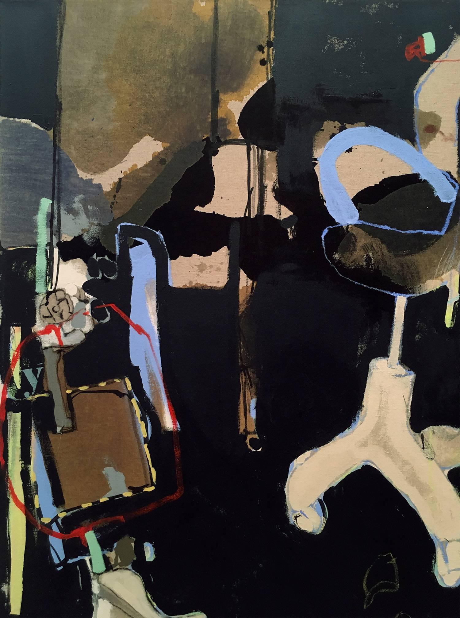 This mixed-media work by Anna Schuleit Haber includes acrylic, ink, and oil pastel (but no oil paint) on linen. The Black Studio invites the viewer to take a closer look in order to find an office chair, human feet inches below a robotic figure,