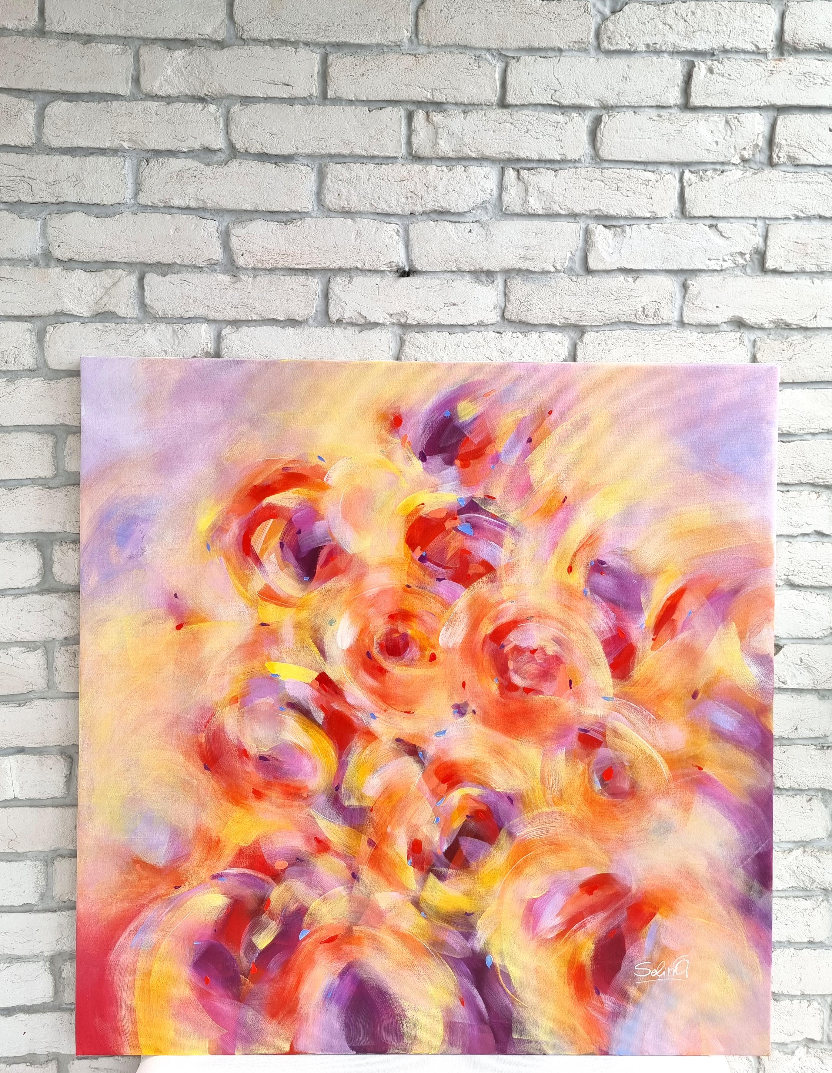 Abstract roses. Modern colorful abstract painting 100x100 cm - Painting by Anna Selina